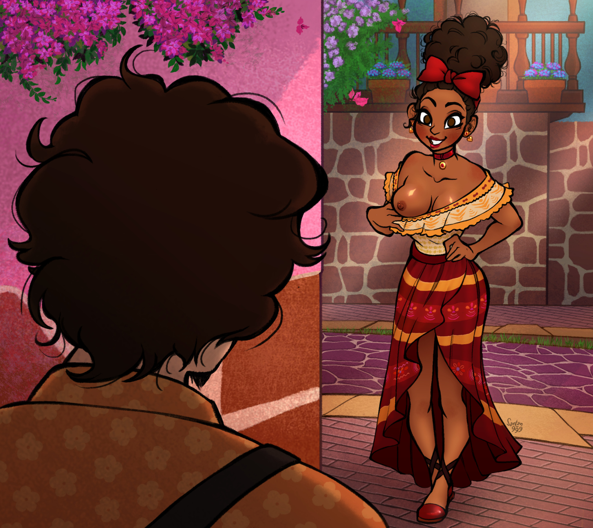 1boy, 1girls, areolae, breasts, brown eyes, brown hair, choker, dark skin, dark-skinned female, disney, dolores madrigal, dress, earrings, encanto, female, flashing breasts, hairbow, human, lipstick, male, male oc, male/female, nipples, original character, pendant choker, public, red hair bow, red lipstick, santan999, smile, smiling at partner
