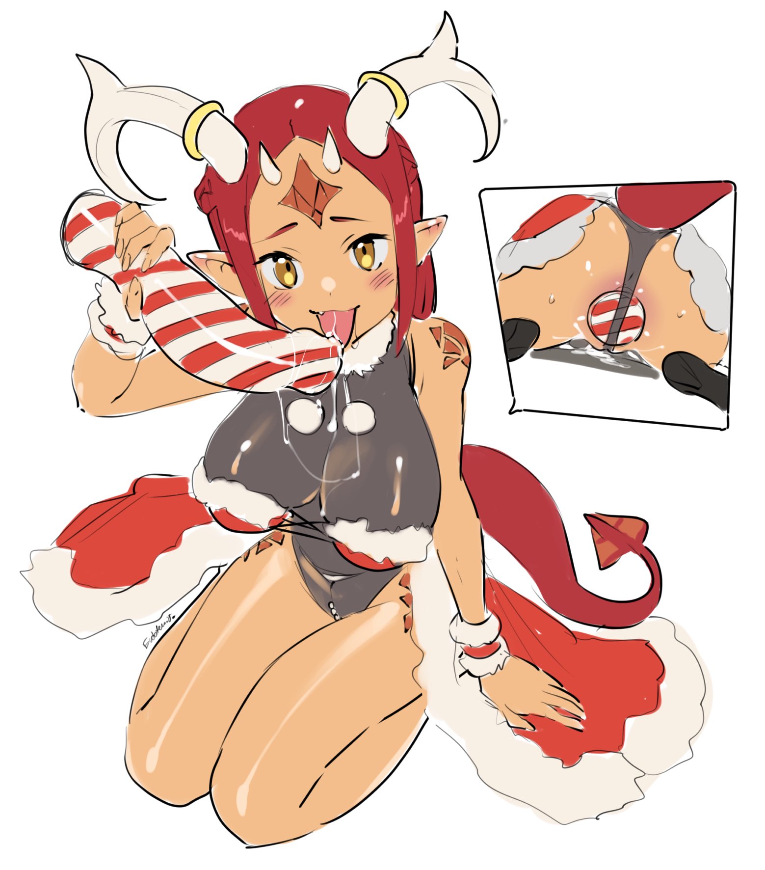 1girls, christmas outfit, dildo, dildo in ass, elf, elf ears, eudetenis, flirty, horns, licking, licking dildo, looking at viewer, navara (truedoublej69), red hair, tail, teasing, white background, yellow eyes