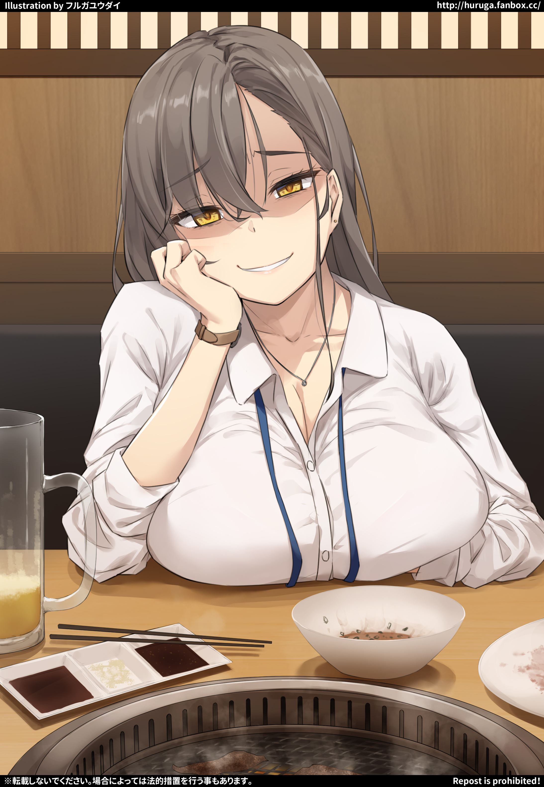 , 1boy, 1girls, black hair, breasts, brown hair, female, highres, id card, indoors, jewelry, lanyard, large breasts, light-skinned female, long hair, office lady, original, papino, yellow eyes