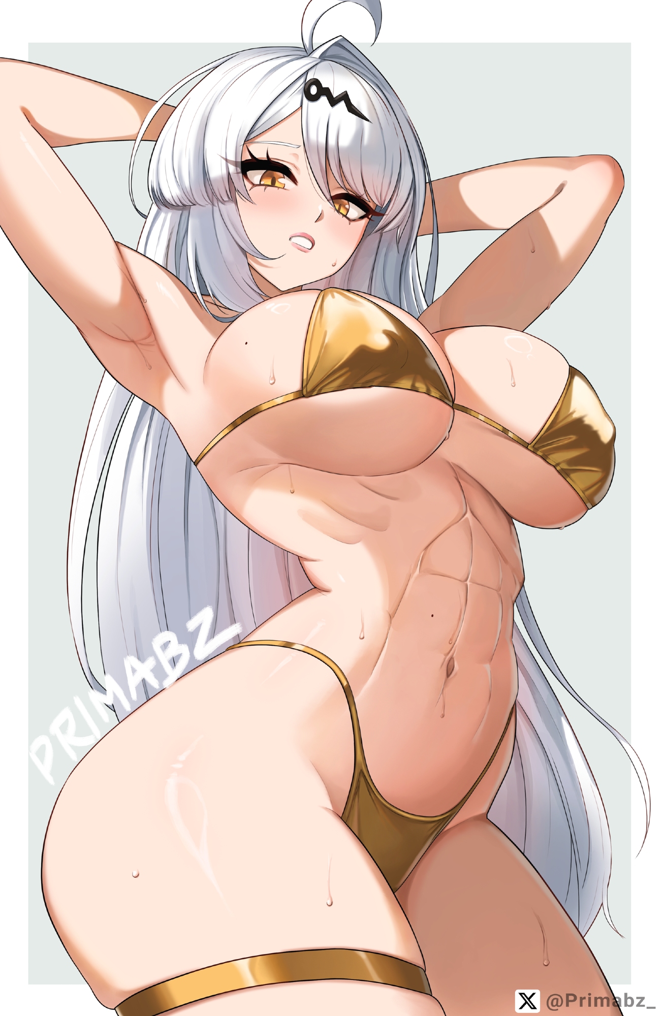 abs, ahoge, armpits, arms behind back, artist name, bikini, blush, breasts, brown eyes, cleavage, commentary, english commentary, eyebrows hidden by hair, female, from below, from side, gold bikini, highres, jewelry, large breasts, long hair, looking at viewer, navel, open mouth, primabz, solo, stomach, sweat, swimsuit, thighlet, underboob, very long hair, white hair, wide hips, yixuan (zenless zone zero), zenless zone zero