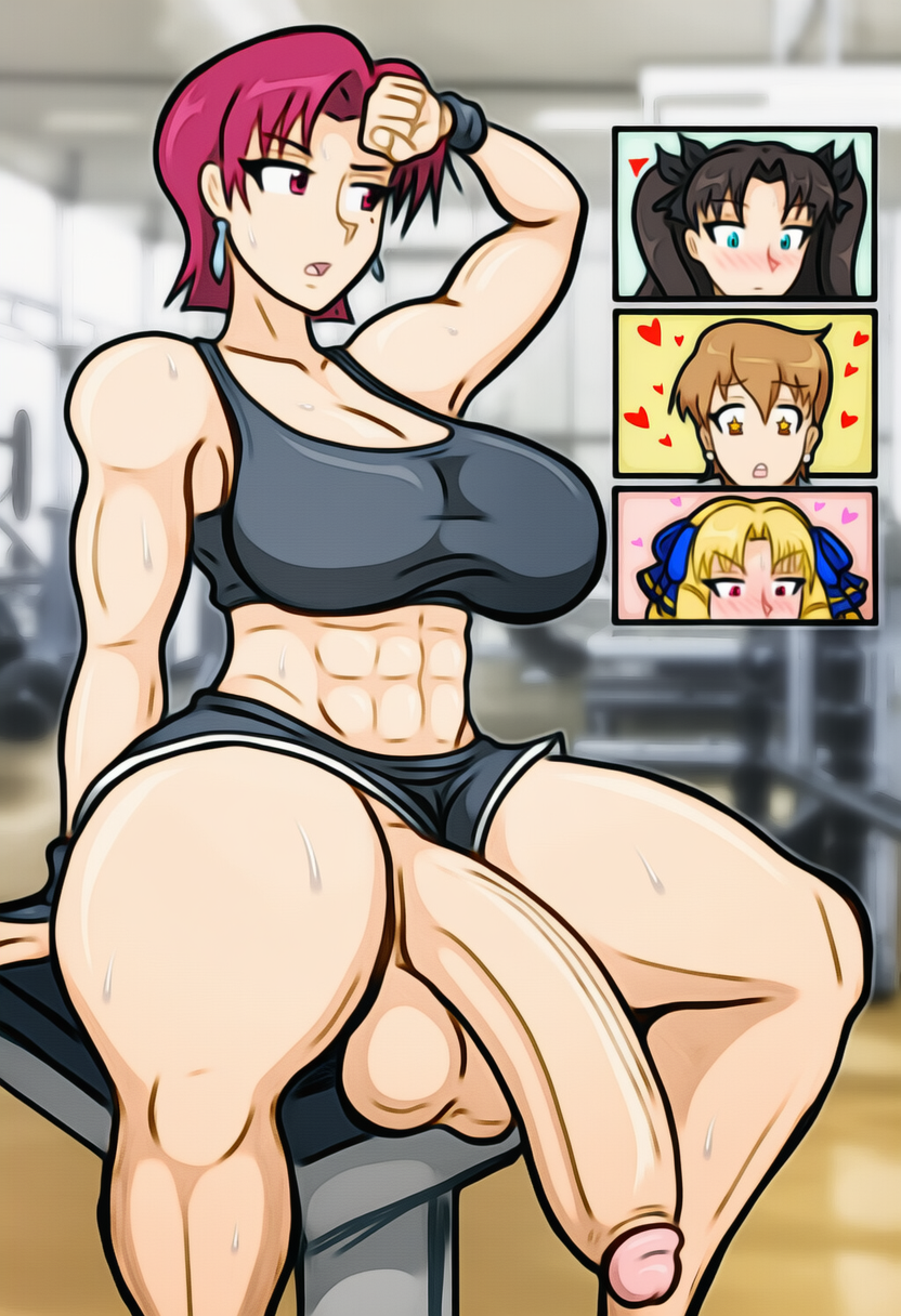 1futa, 3girls, abs, absurdly large cock, accidental exposure, ai generated, aroused, bazett fraga mcremitz, big breasts, breasts, cock awe, fate (series), fate/stay night, fujimura taiga, futa only, futanari, gigantic balls, gigantic penis, gym, gym uniform, horny, huge breasts, light-skinned futa, luviagelita edelfelt, muscle mommy, muscular female, novelai, penis, penis awe, penis slip, solo, surprised, sweat, sweaty body, thick thighs, thunder thighs, tohsaka rin, unaware