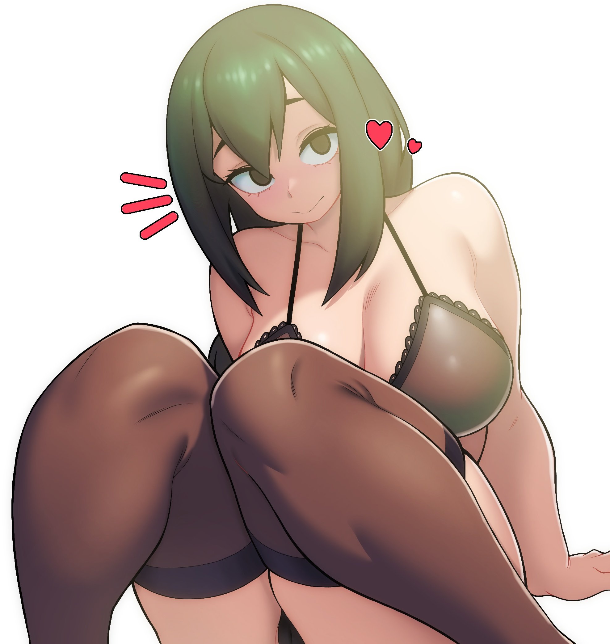 1girls, ass, black bra, black panties, blush, boku no hero academia, bra, breasts, cleavage, evoltodraw, female, female only, green eyes, green hair, green-haired female, heart, large breasts, light skin, light-skinned female, long hair, looking at viewer, my hero academia, panties, sitting, solo, striped, teenager, thighhighs, tsuyu asui, underwear, vertical stripes, white background