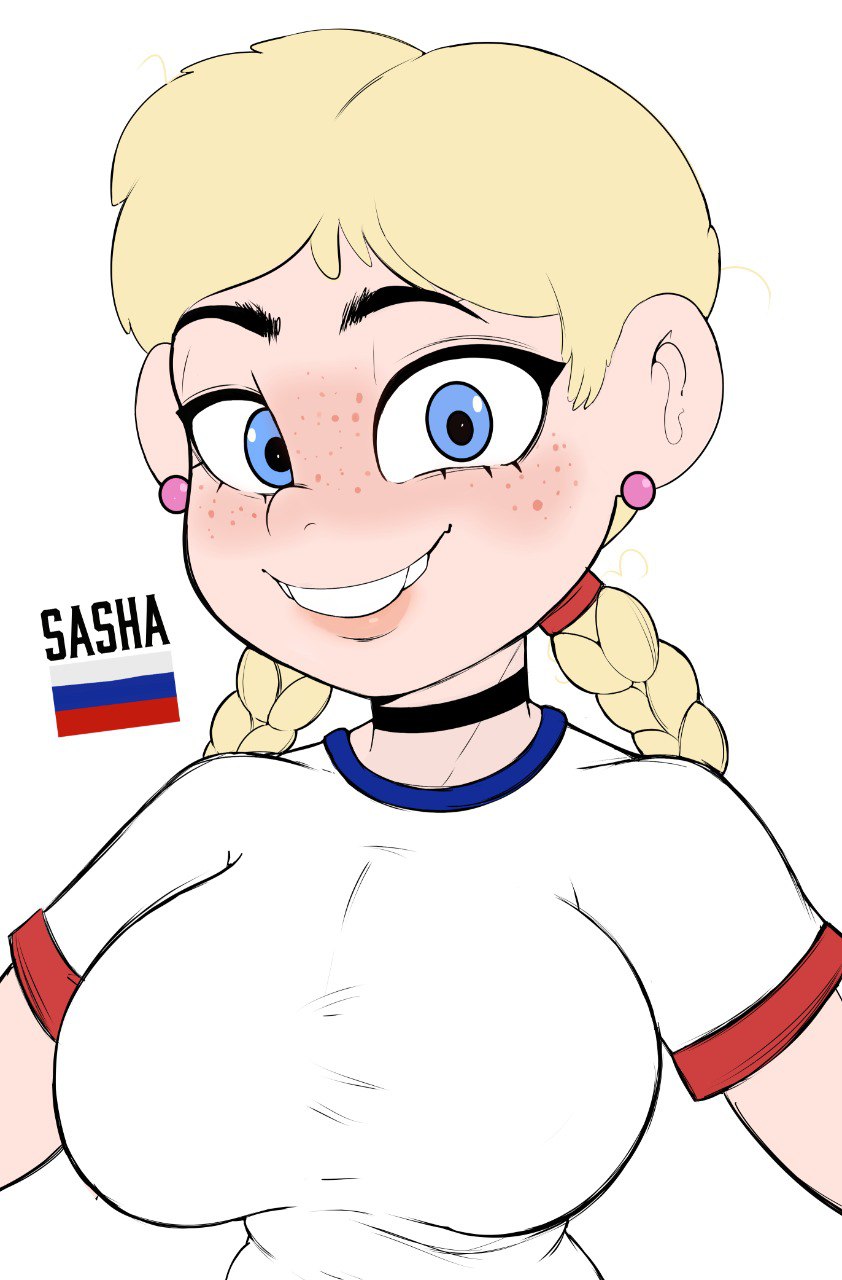 big breasts, big ears, blonde hair, blue eyes, buckteeth, choker, clothed breasts, ear piercing, freckles, innocent expression, necklace, oc, russian female, russian flag, smile, smiling at viewer, solo, solo female, twintails, zombiedolly