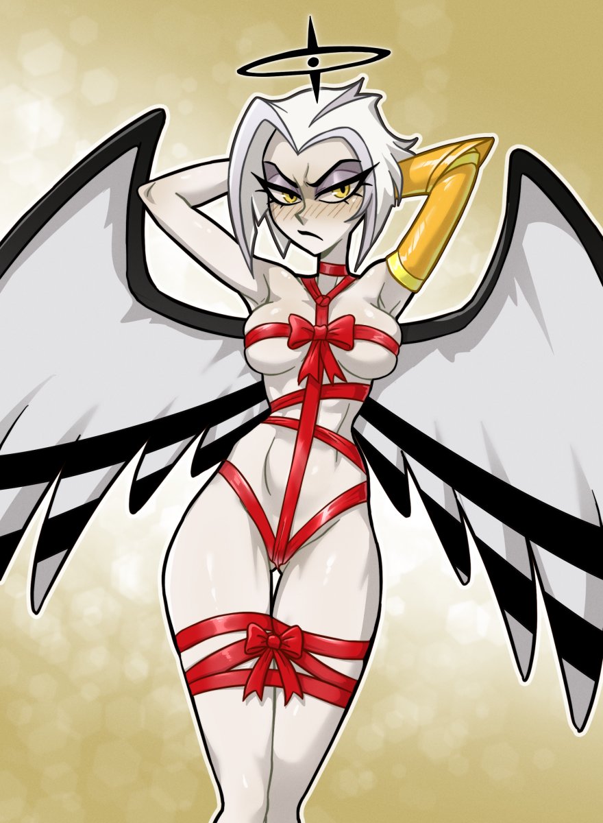 1girls, angel, angel girl, angel wings, aureola, bandage, bandages, bare arms, bare legs, bare shoulders, bare thighs, big breasts, blush, centinel303, christmas, christmas outfit, christmas present, color, female, female focus, female only, hazbin hotel, hi res, large breasts, light skin, light-skinned female, looking at viewer, lute (hazbin hotel), short hair, solo, solo female, tagme, thick thighs, vivienne medrano, white hair, yellow eyes