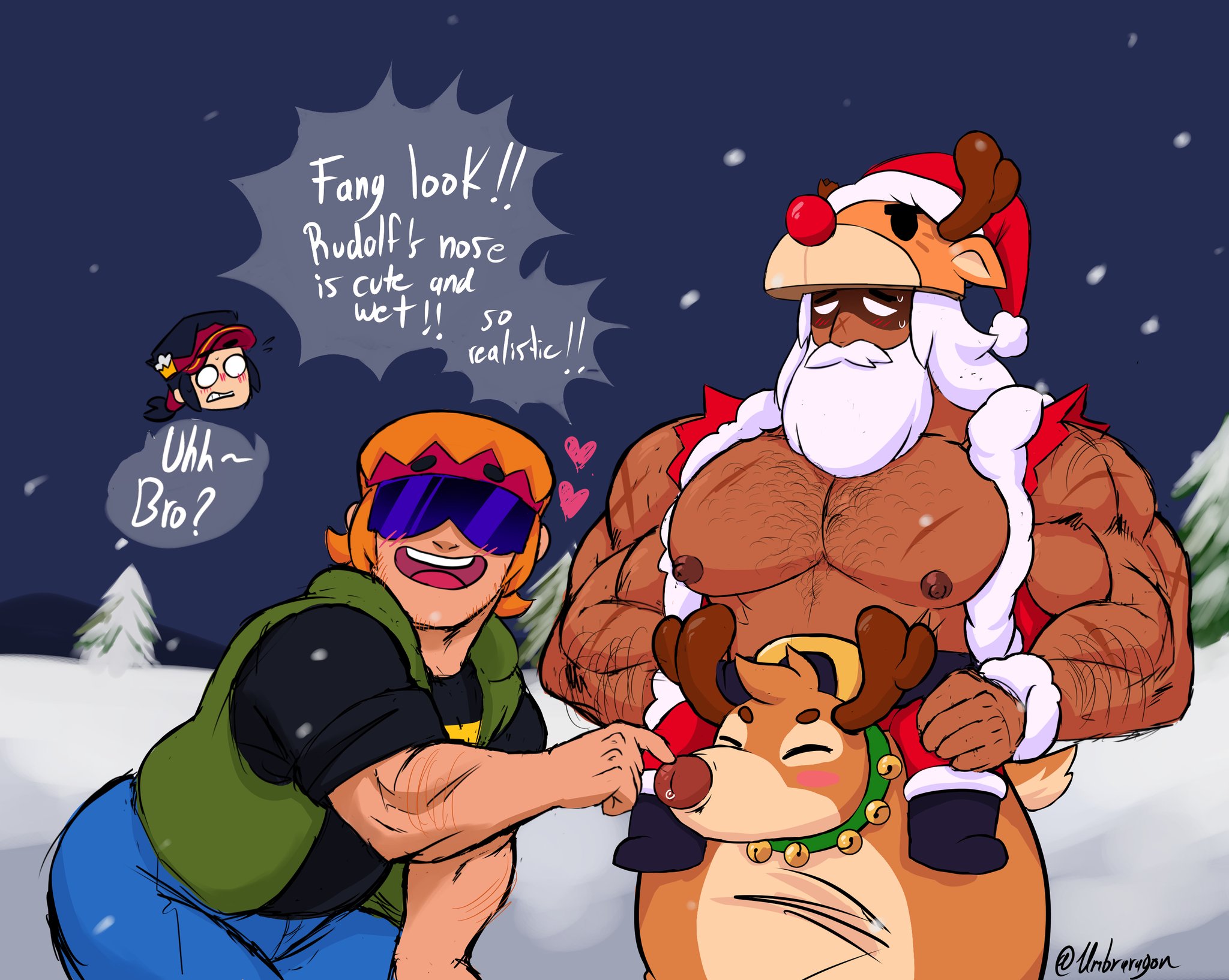 !, 3boys, biceps, big chest, big pecs, bo (brawl stars), brawl stars, buff, bulky, buster (brawl stars), chest, christmas, chubby, dark skin, dark-skinned male, dinojaiba22, duo, fang (brawl stars), gay, ginger hair, hair, hairy, hairy chest, hairy pecs, happy, hard nipples, heart, huge chest, huge pecs, human, imminent sex, long hair, long-haired male, male, male only, male/male, mask, muscular, muscular male, nipples, pecs, precum, precum on penis, shirtless, smile, smiling, supercell, tagme, tan body, text, tied hair, tip peeking, touching tip, upper body, yaoi