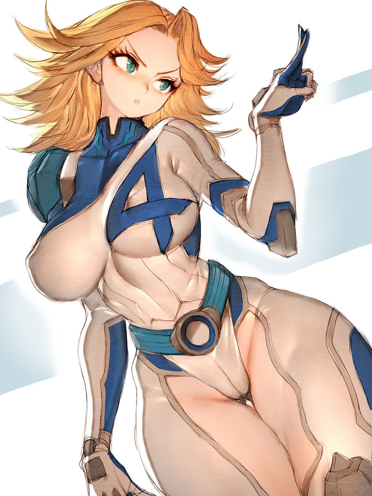 1girls, 2d, absurdres, animification, arched back, ass, big breasts, blonde female, blonde hair, blue bodysuit, blue eyes, blush, bodysuit, breasts, cameltoe, cleavage, closed mouth, commentary, covered nipples, cowboy shot, curvy, double v, earrings, fantastic four, female, female only, from above, from side, fumio (rsqkr), gloves, heart, heroine, highleg, highleg leotard, highres, hips, hoop earrings, hourglass figure, invisible woman, invisible woman (marvel rivals), jewelry, large ass, large breasts, leotard, light skin, light-skinned female, long hair, looking at viewer, marvel, marvel comics, marvel rivals, medium breasts, multicolored bodysuit, multicolored leotard, nipples, pussy, ripped clothing, shy, sideways glance, simple background, skin tight, smirk, solo, stripped, sue richards, sue storm, superhero costume, thick ass, thick thighs, thighs, torn bodysuit, torn clothes, torn clothing, torn leotard, two-tone bodysuit, two-tone leotard, white background, white bodysuit, wide hips