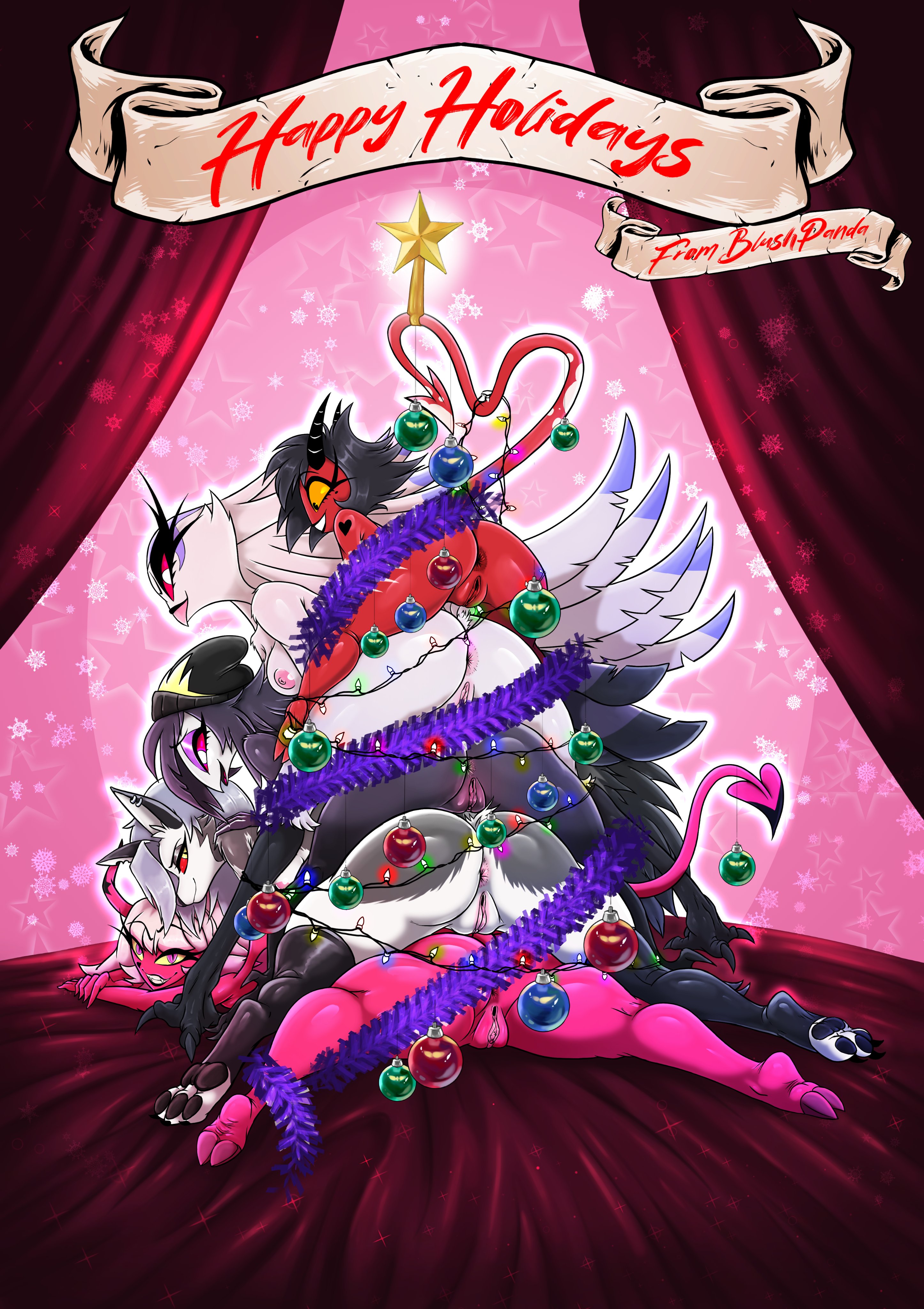 5girls, alternate version available, animal ears, animal tail, anthro, anus, areolae, ass, ass focus, ass tower, beak, beanie, big ass, bimbo, bird, bird girl, black body, black eyes, black hair, black skin, blushpanda, bottomless, christmas, christmas decorations, christmas lights, christmas ornaments, christmas tree position, daughter, demon, demon girl, demon horns, demon tail, ear piercing, earrings, english, english text, eyeshadow, feet, female, female only, fur, furry, grey body, grey skin, hair, hat, headwear, helluva boss, high-bear, holidays, horns, huge ass, legwear, looking back, loona (helluva boss), mature, mature female, mature woman, milf, millie (helluva boss), mole, mole under eye, mother, mother and daughter, naked, naked female, nipples, nude, nude female, octavia (helluva boss), ornament, pink body, pink eyes, pink skin, purple eyeshadow, pussy, red anus, red areola, red body, red nipples, red pussy, red sclera, red skin, sharp teeth, short hair, stella (helluva boss), tail, tattoo, tattoo on shoulder, text, thighhighs, topless, tower human, vagina, verosika mayday (helluva boss), vivienne medrano, vivziepop, white body, white eyes, white skin, wolf, wolf girl, yellow sclera