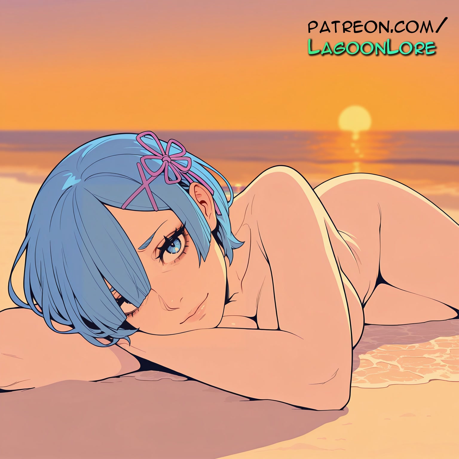 ai generated, artist name, average breasts, beach, blue eyes, blue hair, breasts, bust, chest, cloud, female, hair ornament, hair over one eye, hi res, highres, lagoonlore, looking at viewer, lying, medium breasts, normal breasts, nude, ocean, orange sky, outdoors, patreon, patreon username, re:zero kara hajimeru isekai seikatsu, rem (re:zero), sand, short hair, sky, solo, sun, sunset, watermark, x hair ornament