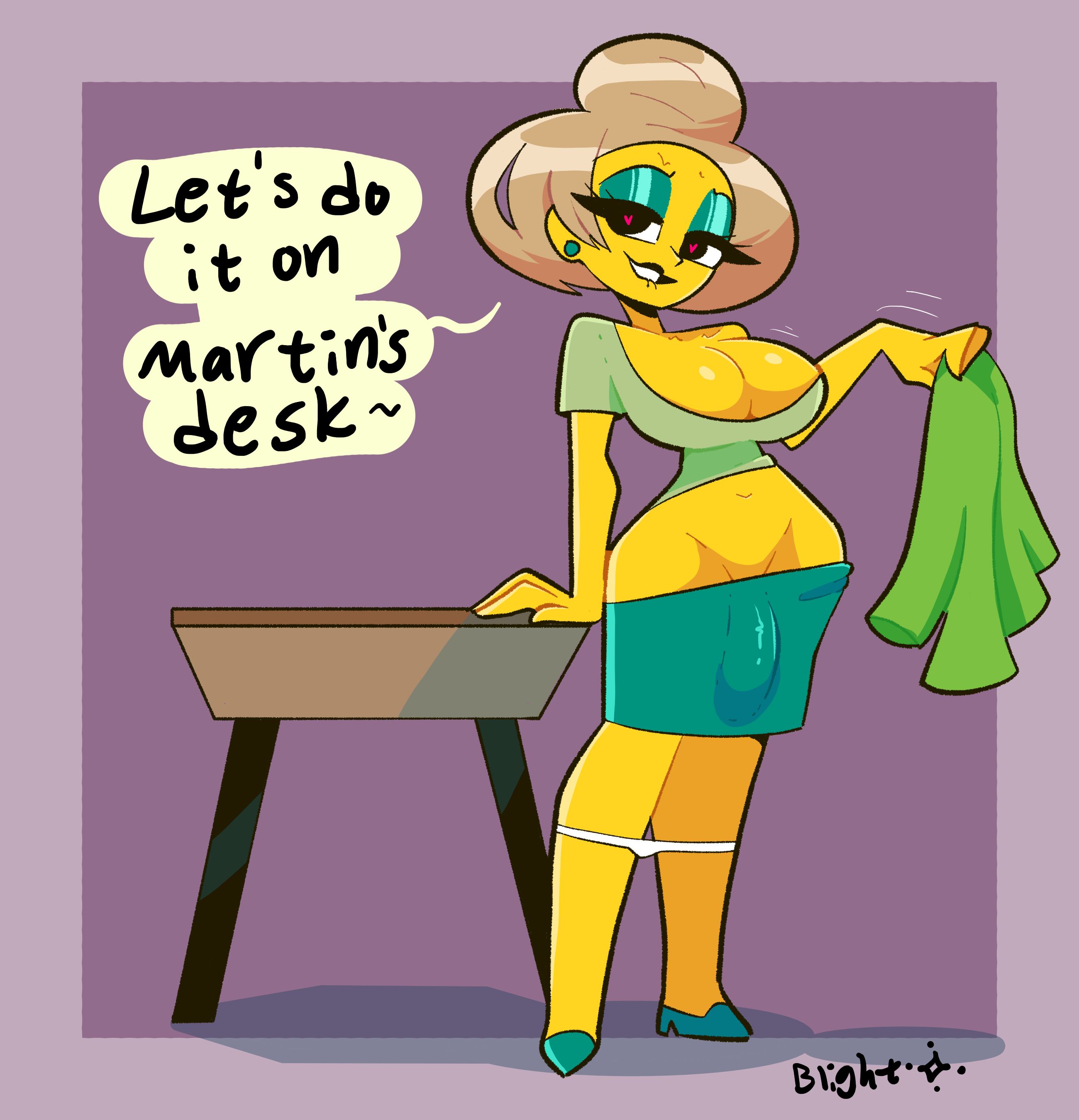 1futa, blightstar, blonde hair, bulge, bulge through clothing, cleavage, cleavage overflow, dialogue, earrings, edna krabappel, english text, eyeshadow, futanari, heart-shaped pupils, imminent sex, large breasts, large penis, leaning on object, panties down, school desk, skirt bulge, skirt down, solo, speech bubble, standing, tagme, talking to viewer, teacher, the simpsons, yellow body