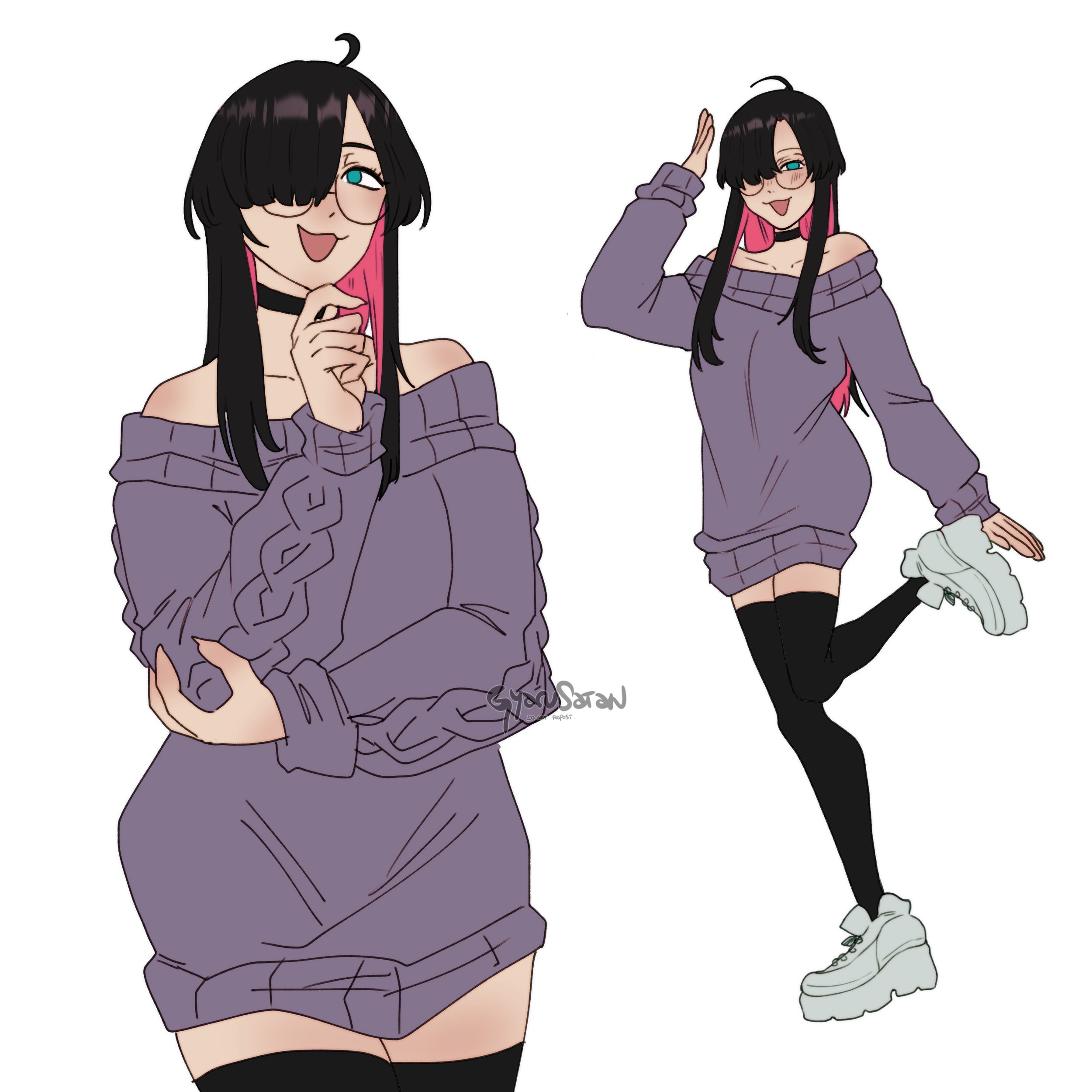 1girls, ahoge, artist signature, bare shoulders, black hair, black thighhighs, blue eyes, blush, choker, female, female only, glasses, gyarusatan, hair over one eye, hi res, long hair, looking at viewer, original, original character, pink hair, round glasses, shoes, simple background, smiling, smiling at viewer, solo, sweater, sweater dress, thigh socks, thighhighs, two-tone hair, white background