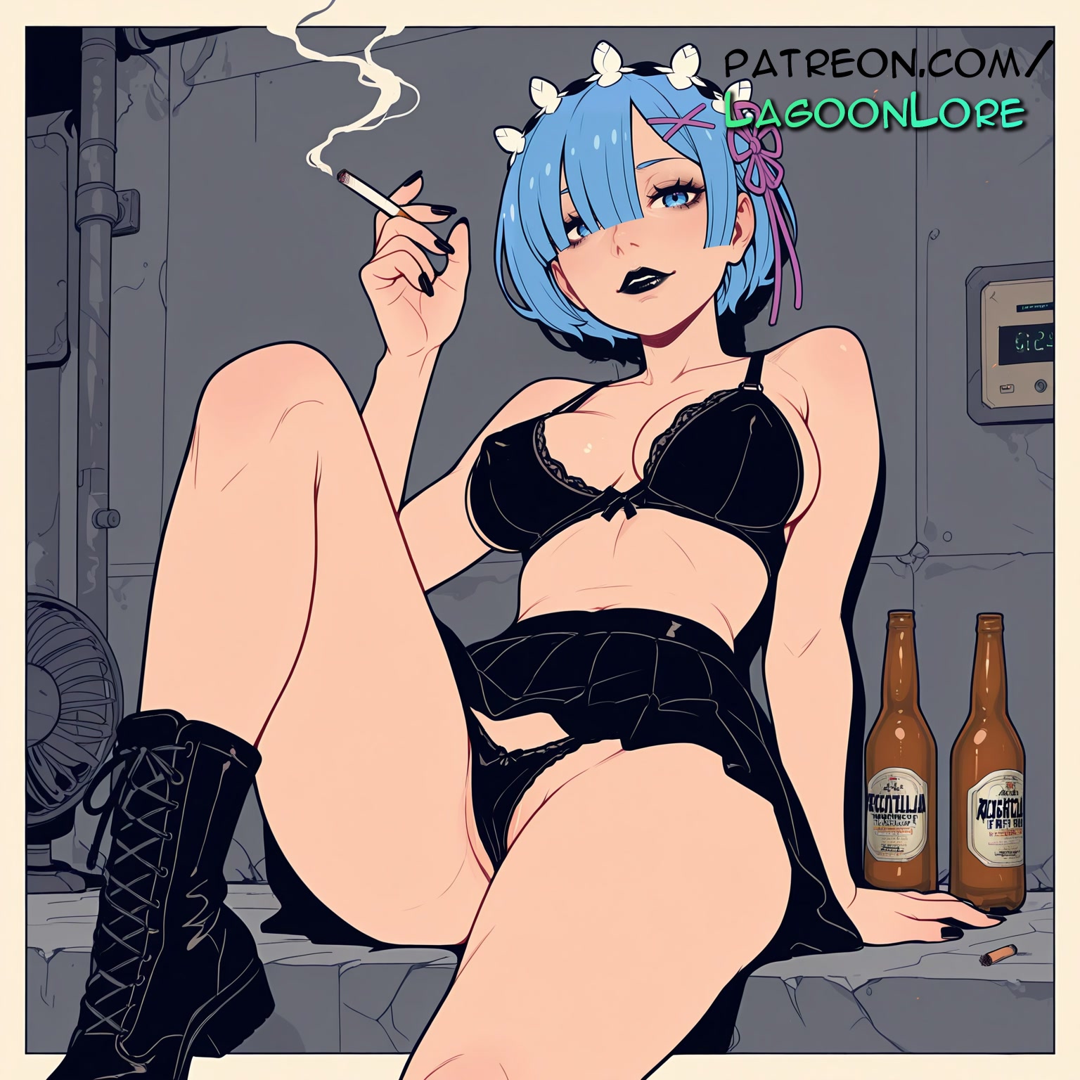 ai generated, artist name, black bra, black nails, black panties, blue eyes, blue hair, blue nails, boots, bottle, bra, breasts, bust, can, chest, cigarette, cum, female, hair ornament, hair over one eye, hair ribbon, hi res, highres, holding cigarette, lagoonlore, nail polish, panties, patreon, patreon username, pink nails, re:zero kara hajimeru isekai seikatsu, rem (re:zero), ribbon, short hair, sitting, skirt, smoke, smoking, solo, underwear, watermark, x hair ornament