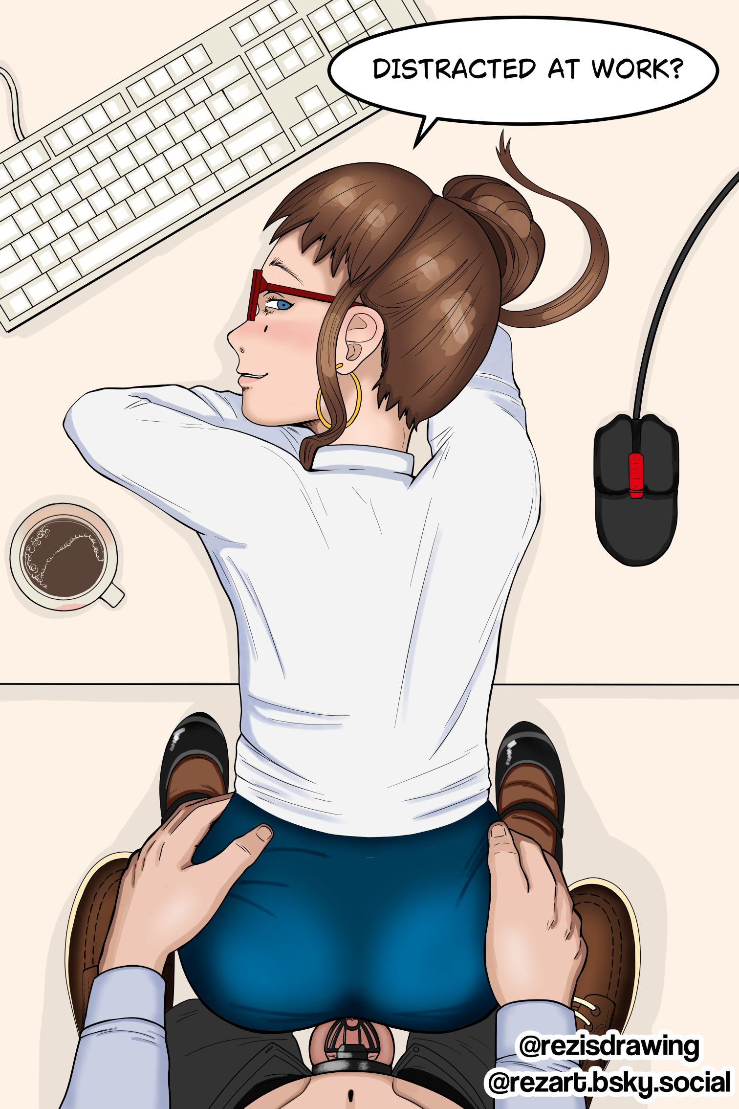 1boy, 1girls, ass, ass grab, bent over, blue eyes, blue skirt, blush, brown hair, chastity, chastity cage, chastity device, clothed sex, coffee, coffee mug, cup, desk, doggy style, dominant female, earrings, english text, female, female domination, femdom, gentle femdom, glasses, grabbing another's ass, hair bun, hoop earrings, jewelry, keyboard (computer), looking at viewer, looking back, male, male chastity, malesub, mole, mole under eye, mouse (computer), office lady, pants, pantyhose, pencil skirt, penis, pov, red-framed eyewear, rezart, sex, sex from behind, shirt, single hair bun, skirt, smile, solo focus, sophia (rezart), speech bubble, straight, white shirt