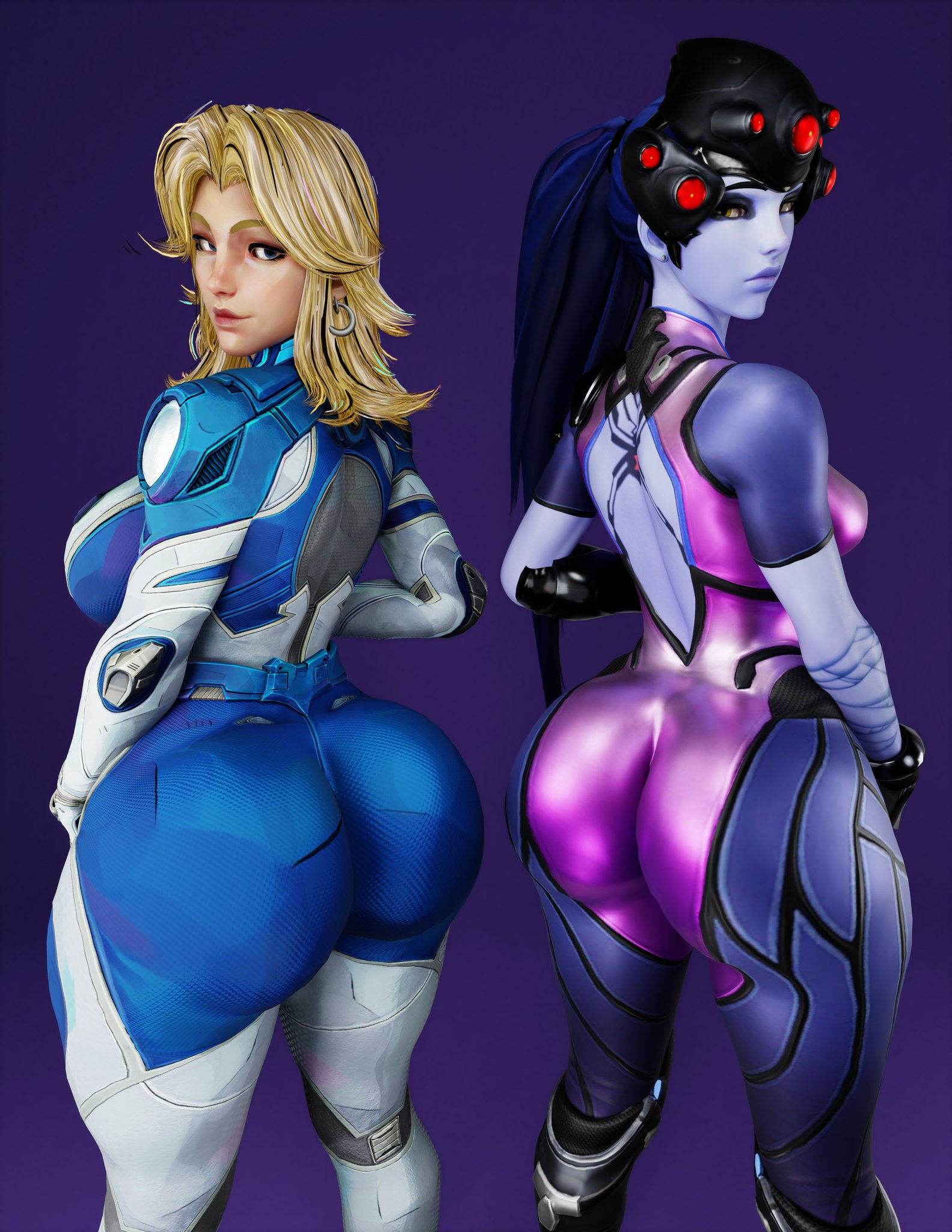 2girls, 3d, activision, amelie lacroix, ass, big ass, big breasts, big thighs, blizzard entertainment, blue body, blue skin, blue-skinned female, breasts, bust, busty, chest, cpt-flapjack, crossover, curvaceous, curvy, curvy figure, fantastic four, female, hips, hourglass figure, huge ass, huge breasts, huge thighs, invisible woman, invisible woman (marvel rivals), large ass, large breasts, large thighs, legs, lieutenant flapjack, light skin, light-skinned female, ltflapjack, marvel, marvel comics, marvel rivals, mature, mature female, mature figure, overwatch, overwatch 2, purple hair, slim waist, sue richards, sue storm, thick, thick hips, thick legs, thick thighs, thighs, voluptuous, voluptuous female, waist, wide hips, widowmaker
