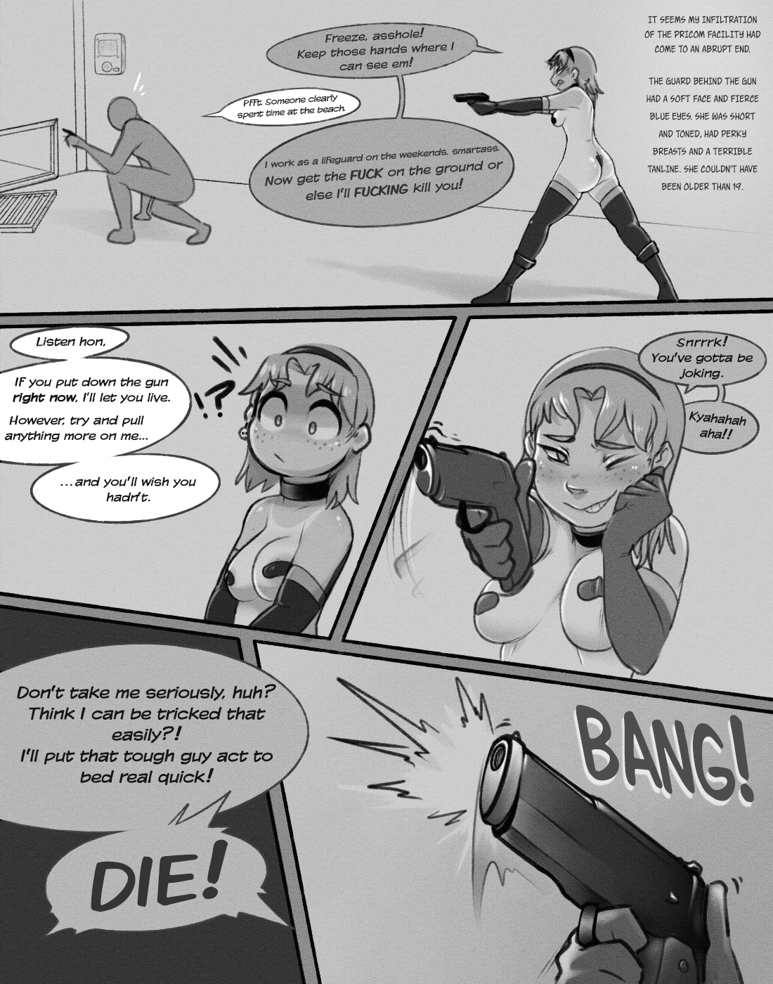 breasts, comic page, freckles, freckles on face, handgun, henchwoman, henchwomen, huge ass, imminent defeat, large breasts, page 1, peril, pricom, ryona, scantily clad, shooting, shooting gun, skimpy outfit, skimpy uniform, tanline, tanlines, villainess, violence, zako