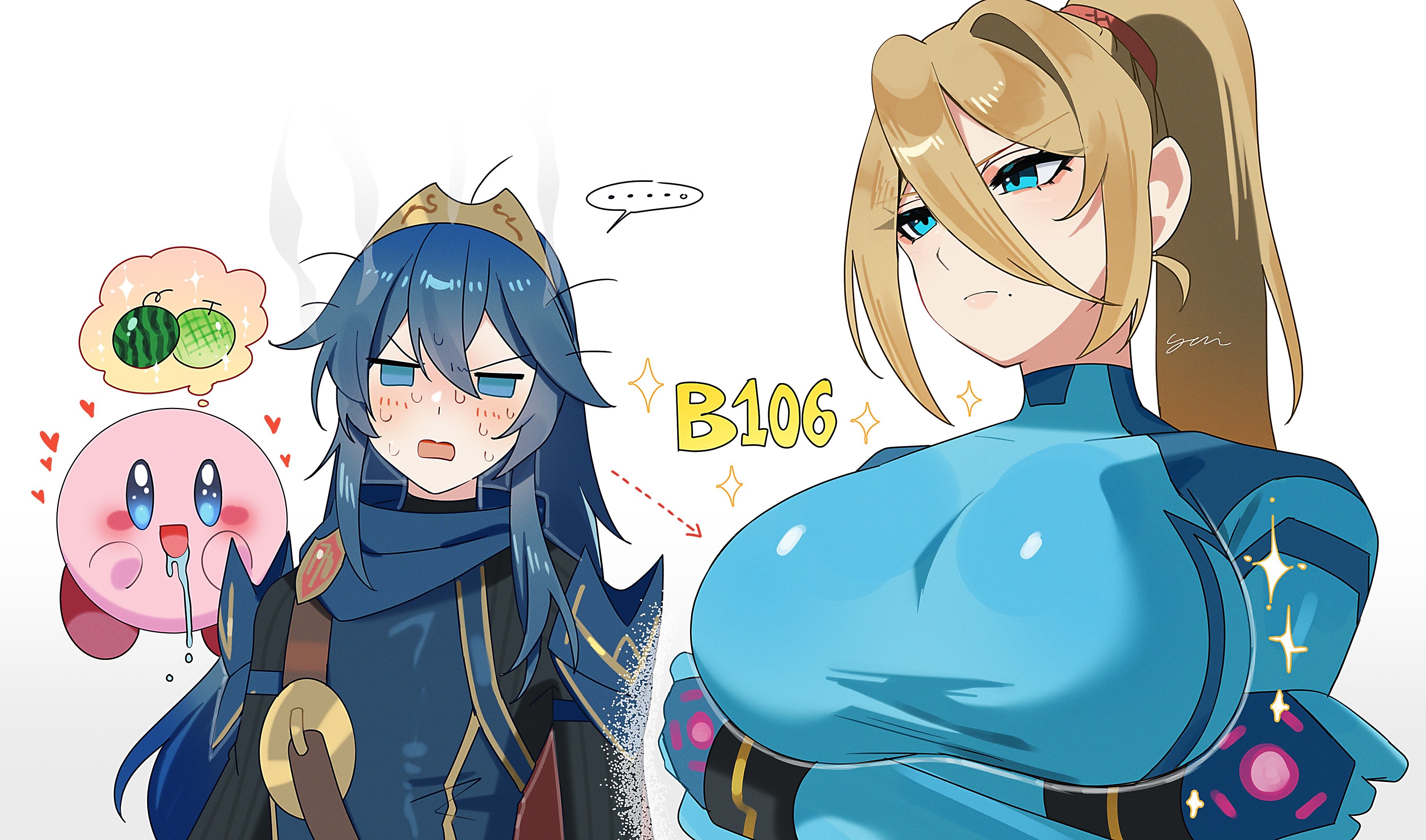 artist name, artist signature, beauty mark, big breasts, blonde hair, blue bodysuit, blue eyes, blush, blush lines, bodysuit, bracelet, bracelets, breast envy, breasts, cleavage, commentary request, crossover, female, fire emblem, fire emblem awakening, hair up, hand on hip, high ponytail, highres, kirby, kirby (series), large breasts, long hair, looking at viewer, lucina (fire emblem), measurements, metroid, mole, mole under mouth, navel visible through clothes, nintendo, ponytail, samus aran, simple background, skin tight, solo, super smash bros., super smash bros. for nintendo 3ds and wii u, thick thighs, thin waist, three sizes, wide hips, yasaikakiage, yuri, zero suit, zero suit samus