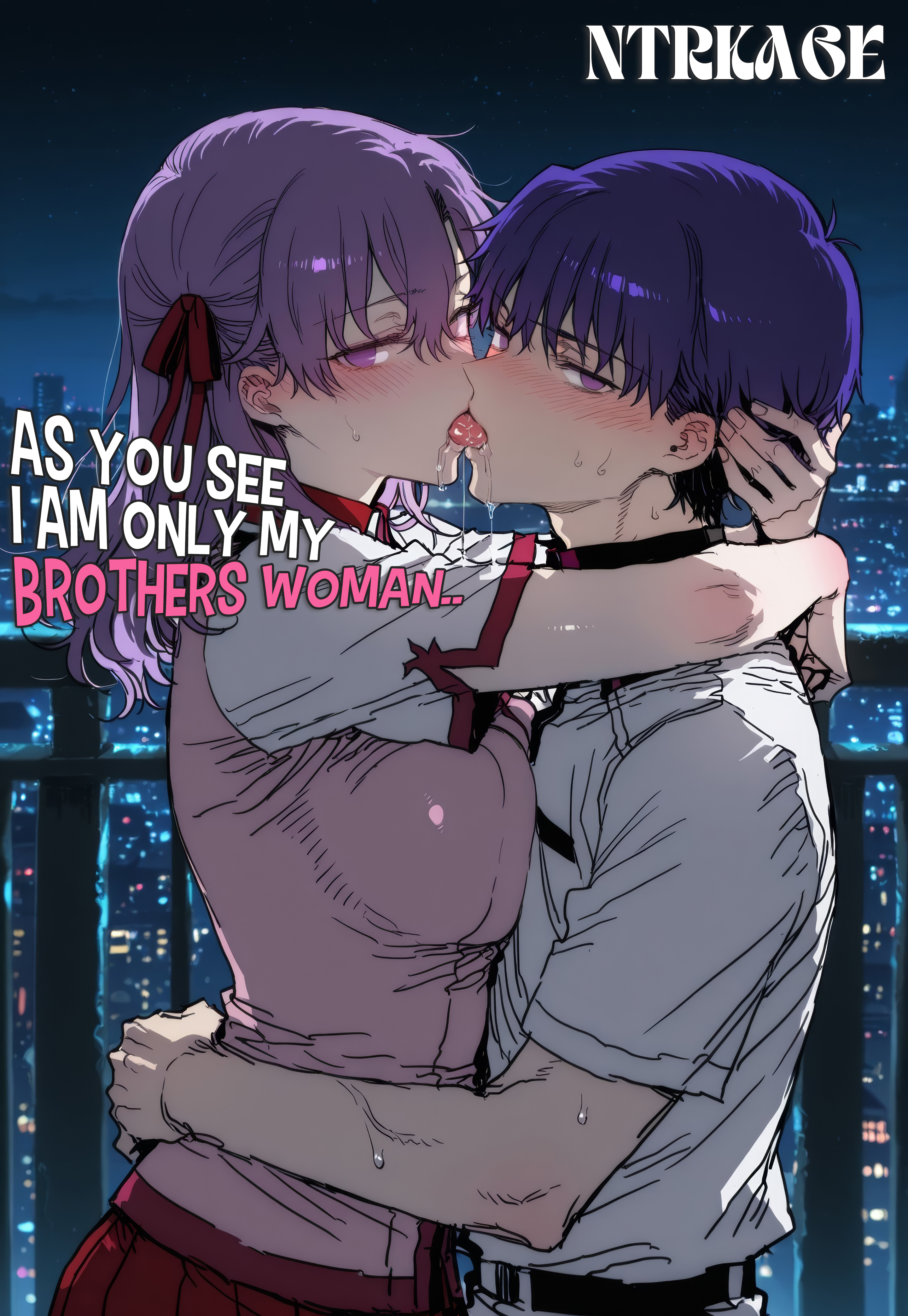 1boy, 1girls, ai generated, bad end, blush, breast press, broken rape victim, captured heroine, corrupted, corruption, drooling, english text, fate (series), fate/stay night, femsub, french kiss, french kissing, hi res, highres, hugging, kissing, looking at viewer, matou sakura, matou shinji, mind break, ntrkage, rape, saliva