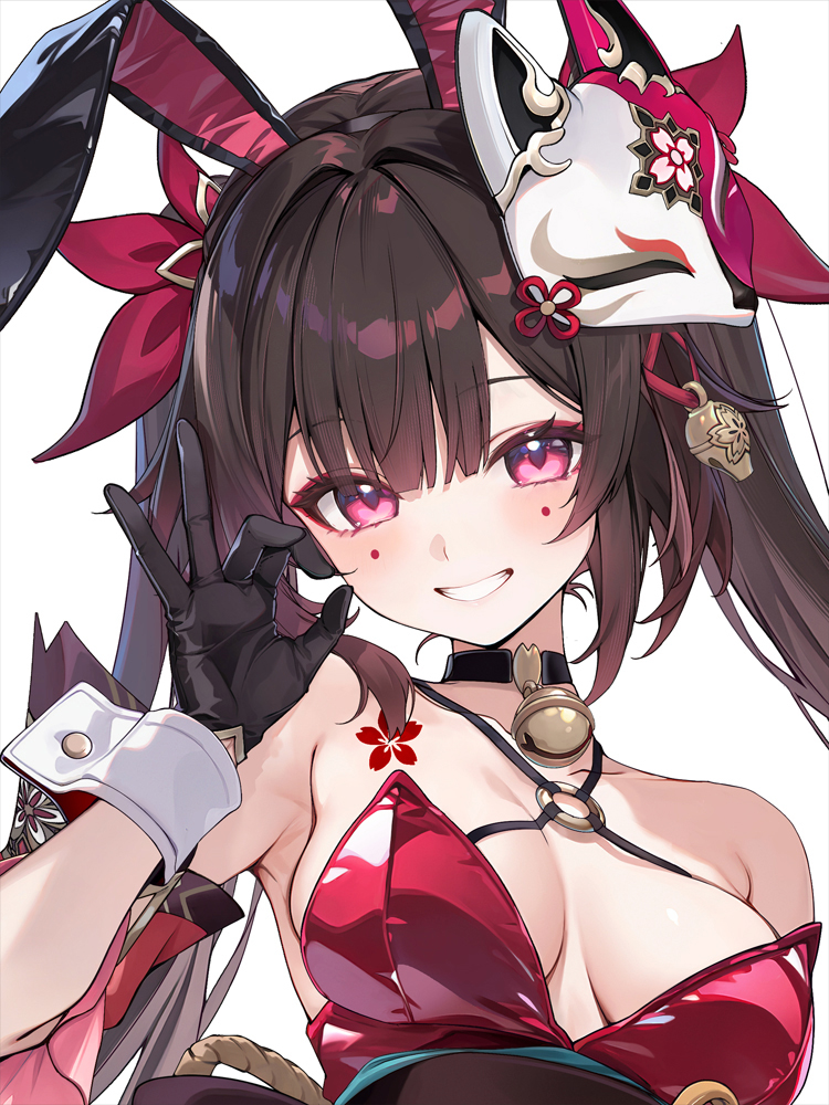 1girls, adapted costume, animal ear hairband, animal ears, armpits, black choker, black gloves, black hair, breasts, brown hair, choker, clenched teeth, criss-cross straps, fake animal ears, fellatio gesture, female, flower tattoo, fox mask, gloves, grin, hairband, hi res, high resolution, highres, honkai (series), honkai: star rail, hoyoverse, leotard, looking at viewer, mask, mask on head, ok sign, pink eyes, purple eyes, rabbit ear hairband, rabbit ears, red eyes, red hair, red leotard, shirokitsune, simple background, small breasts, smile, solo, sparkle (honkai: star rail), tattoo, teeth, twintails, white background, white wrist cuffs, wrist cuffs
