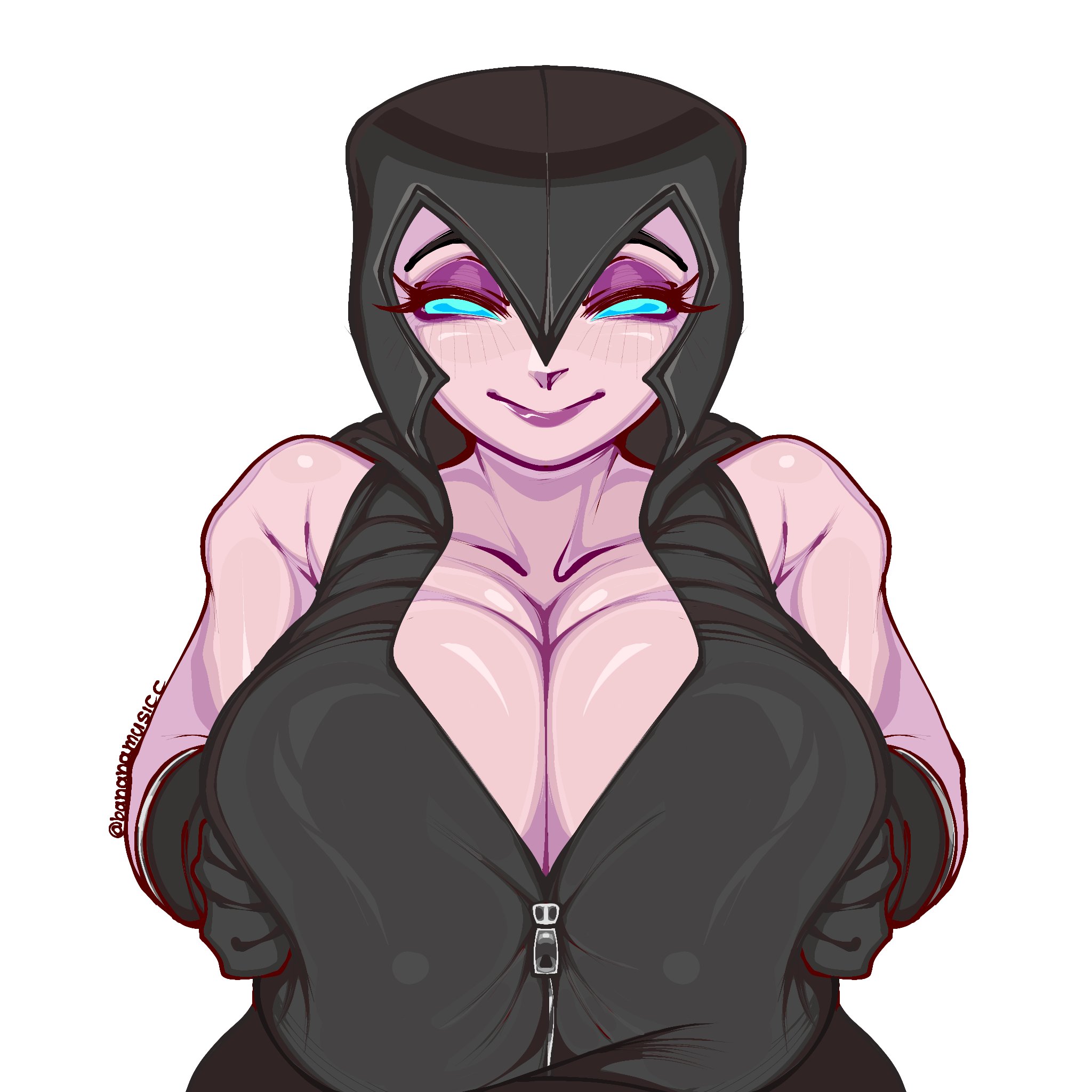 1girls, bananamusicc, big breasts, blank background, clash (series), clash of clans, clash royale, cleavage, female, female focus, female only, imminent paizuri, night witch (clash royale), no background, smiling, smiling at viewer, smirk, smirking, smirking at viewer, solo, solo female, solo focus, supercell, that one night witch emote, white background, whore eyes, zipper