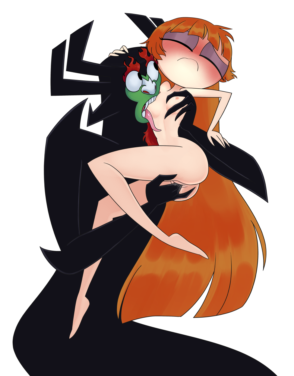 aku blossom_(powerpuff_girls) blush breasts cartoon_network closed_eyes crossover female fingering licking male nipples powerpuff_girls samurai_jack simple_background straight teacupballerina tongue tongue_out vaginal_penetration white_background