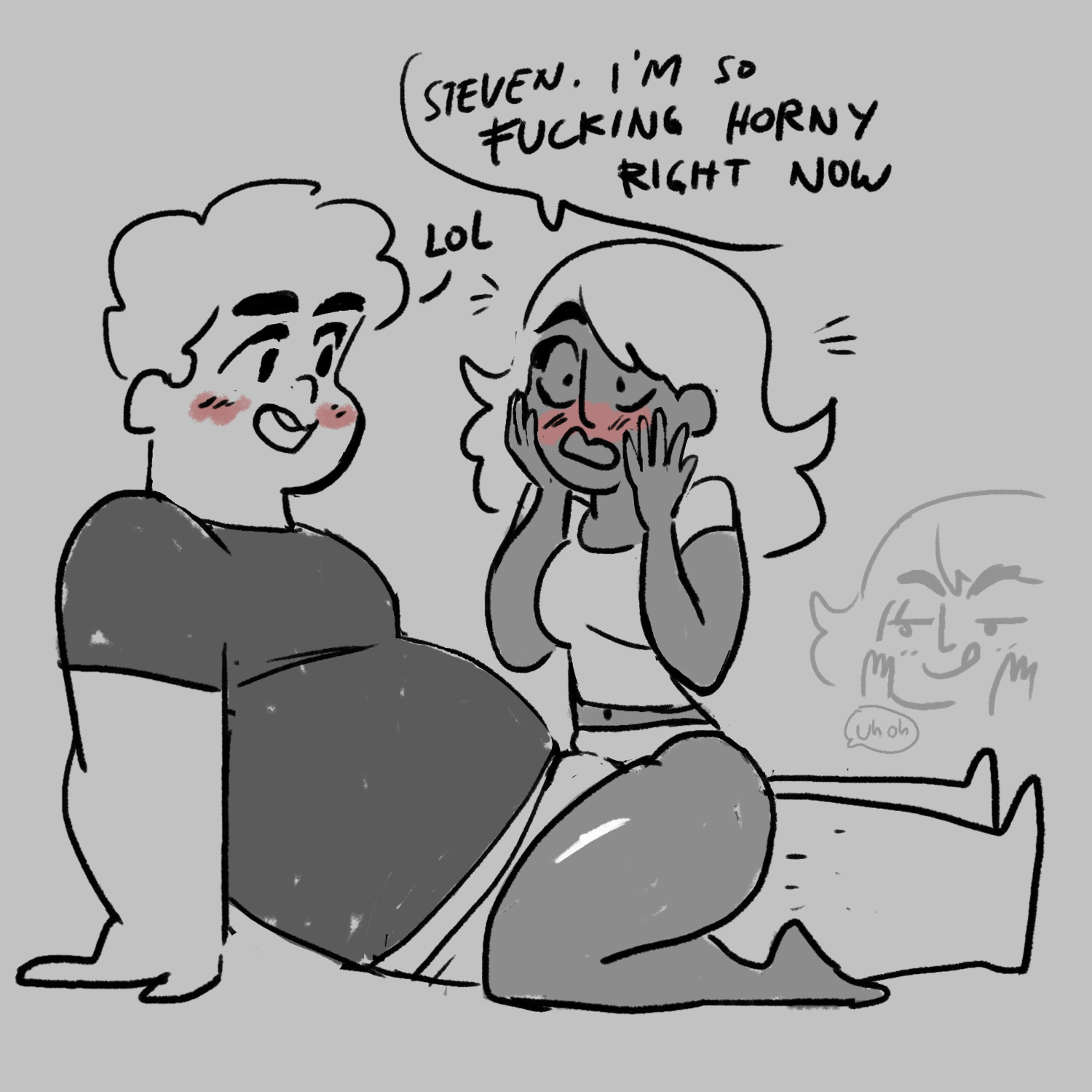 1boy, 1girls, 2d, blushing, chubby male, clothed, connie maheswaran, couple, digital media, fat, fat male, female, full body, hetero, horny, horny female, imminent sex, male, male and female focus, male/female, monochrome, overweight, overweight male, santan999, steven quartz universe, steven universe, straight