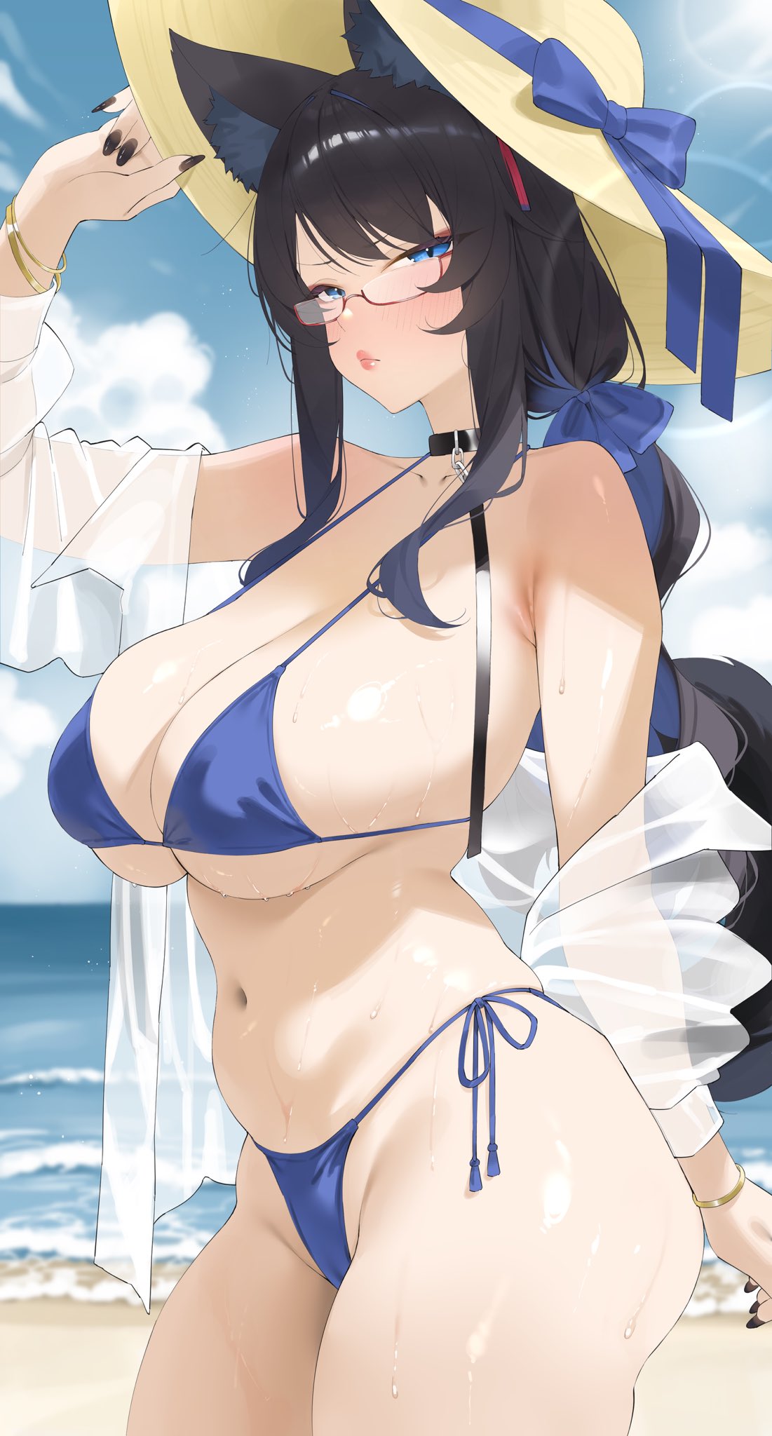 animal ear fluff, animal ears, bangle, bare shoulders, beach, bikini, black collar, black hair, black nails, blue bikini, blue bow, blue eyes, blue hair, blurry, blurry background, blush, bow, bracelet, breasts, byeon dha, cleavage, closed mouth, collar, collared shirt, colored inner hair, commentary, commission, cowboy shot, day, english commentary, female, from side, glasses, gradient hair, hairbow, half-closed eyes, hand on headwear, hat, highleg, highleg bikini, highres, huge breasts, indie virtual youtuber, jewelry, leash, lipstick, low ponytail, makeup, multicolored hair, nail polish, navel, ocean, off shoulder, open clothes, open shirt, outdoors, ponytail, red lips, red-framed eyewear, second-party source, see-through clothes, semi-rimless eyewear, shiny skin, shirt, shore, side-tie bikini bottom, solo, standing, stomach, string bikini, sun hat, swimsuit, tail, two-tone hair, under-rim eyewear, underboob, very long fingernails, virtual youtuber, water drop, wet, white shirt, wolf ears, wolf girl, wolf tail