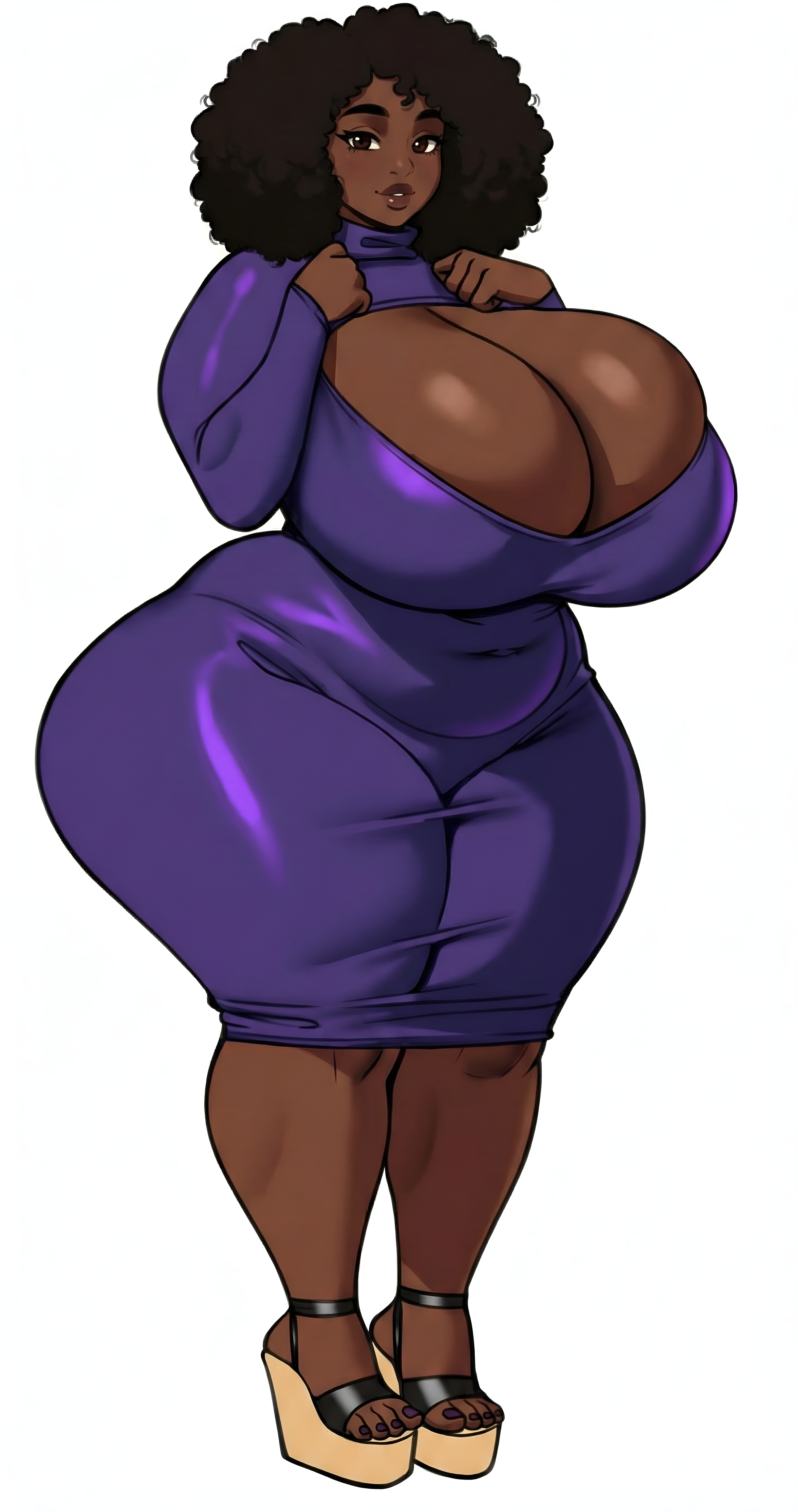 1girls, african female, afro, ai generated, bbw, bbw mom, big ass, black woman, brown eyes, brown hair, cleavage, curly hair, dark skin, dark-skinned female, dress, female, female only, huge breasts, looking at viewer, mature, mature female, mature woman, milf, original, original character, purple dress, solo, solo female, thick, thick ass, thick legs, thick lips, thick thighs, tummy
