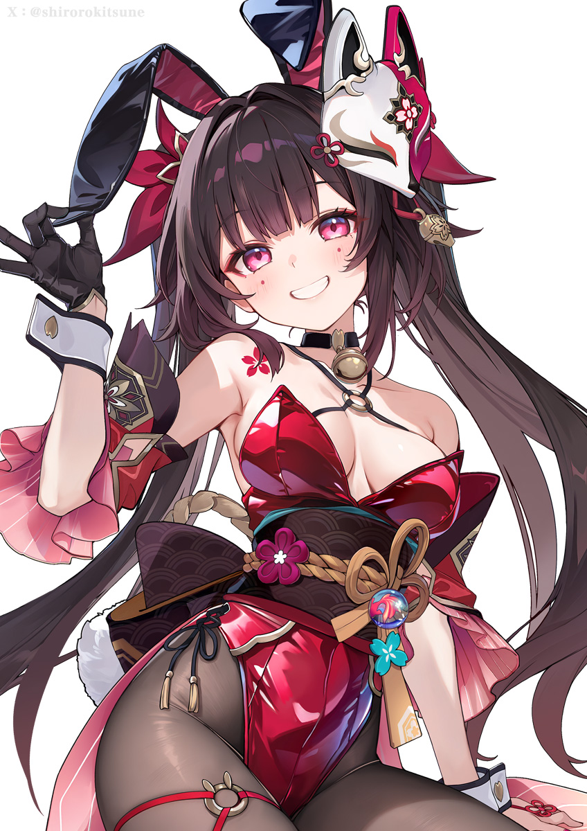 adapted costume, animal ears, bare shoulders, bell, black gloves, black hair, black pantyhose, breasts, brown hair, commentary request, fake animal ears, female, flower tattoo, fox mask, gloves, hi res, high resolution, highres, honkai (series), honkai: star rail, huge breasts, leotard, long hair, looking at viewer, mask, mask on head, neck bell, pantyhose, playboy bunny, purple eyes, rabbit ears, red leotard, shirokitsune, simple background, small breasts, smile, solo, sparkle (honkai: star rail), tattoo, very long hair, white background