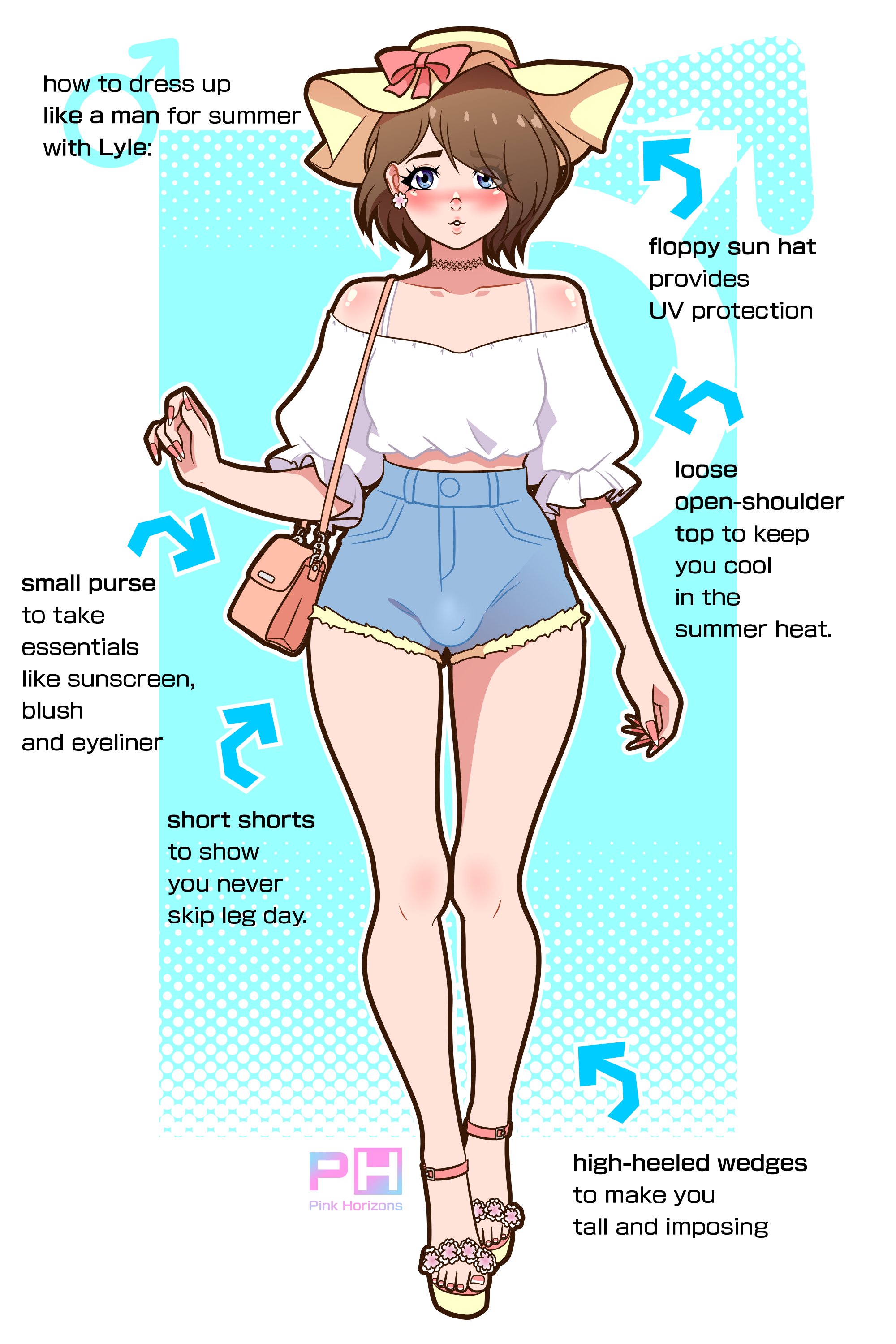 1boy, 1femboy, adorable, bulge, crossdressing, crossdressing male, cute, denim, denim clothing, denim shorts, educational, english text, femboy, feminine male, gay, high heels, homosexual, homosexual male, instructions, long fingernails, long nails, male only, meme, nail polish, painted fingernails, painted nails, pink horizons, purse, sharp fingernails, short shorts, shorts, text