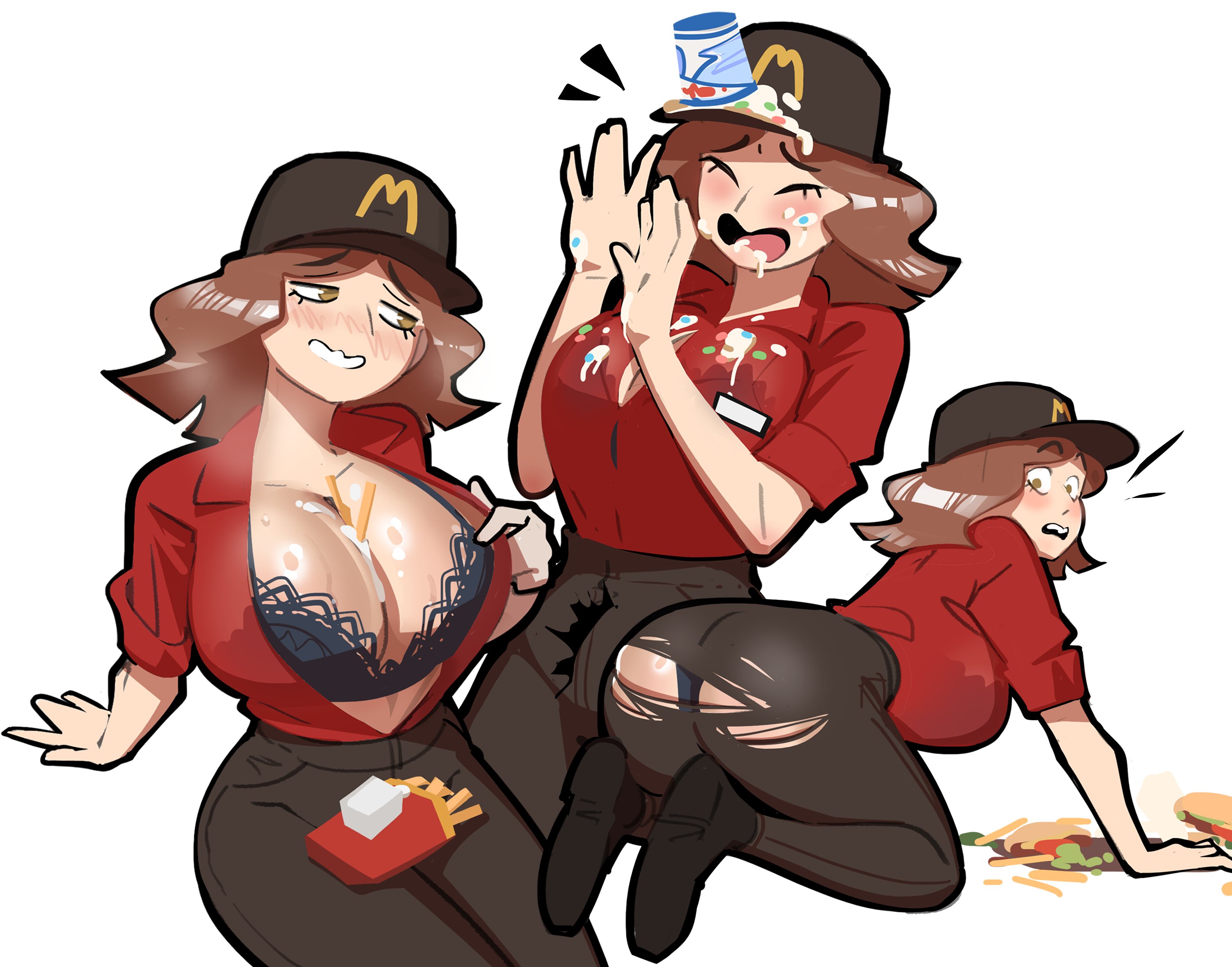1girls, arched back, big ass, big breasts, black bra, black panties, blush, borrowed character, bra, breasts, brown eyes, brown hair, cleaning, cleavage, clothing, clumsy, color, fast food, fast food employee, fast food uniform, female, female focus, female only, girlfailure, iamunagii, legs together, matching underwear, mcdonald's, open clothes, original, original character, panties, ripped clothing, ripped pants, short hair, twitter link, white background