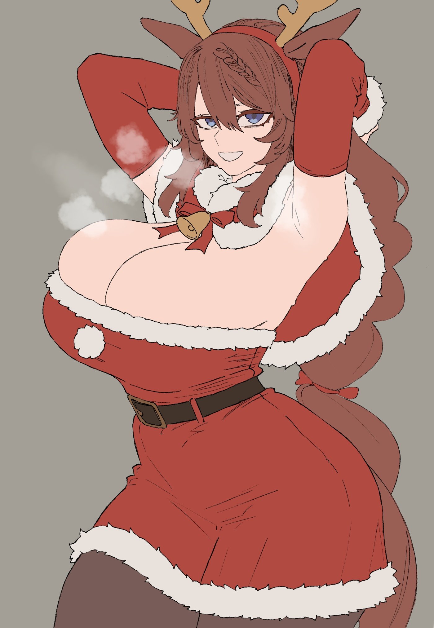 1girls, belt, big breasts, blue eyes, braid, breasts, breath, brown hair, christmas, cleavage, elbow gloves, female, female only, fur trim, grin, horse ears, horse girl, long hair, looking at viewer, pantyhose, santa costume, smile, solo, super creek (umamusume), umamusume, very long hair