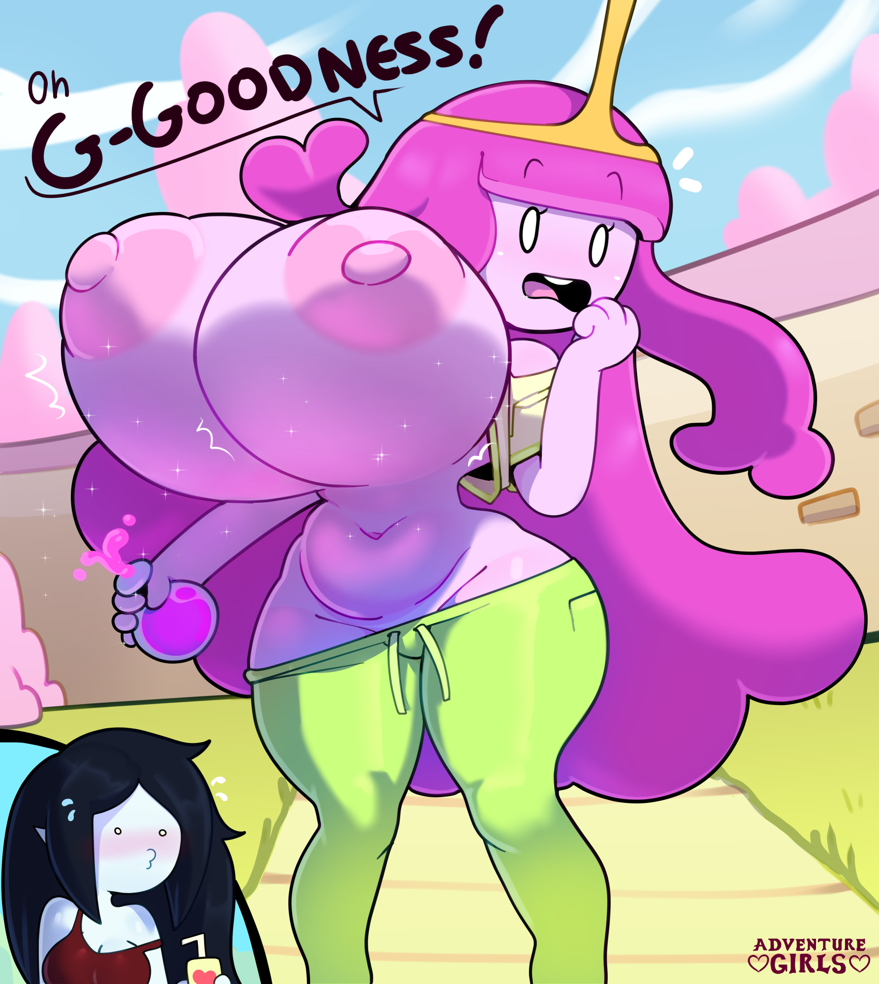 1girls, 2girls, accidental exposure, adventure girls, adventure time, areola, areolae, big breasts, black eyes, black hair, blush, bonnibel bubblegum, breast expansion, breast growth, breast growth (enlargement), breasts, busty, cartoon network, cleavage, clothed, clothing, cloud, day, english text, exposed, exposed breasts, female, female only, green clothing, green pants, huge breasts, hyper breasts, large breasts, long hair, marceline, marceline abadeer, marceline the vampire queen, navel, nipples, no bra, open mouth, outdoors, outside, pants, pink body, pink hair, pink skin, potion, potion bottle, princess, princess bonnibel bubblegum, princess bubblegum, puffy areola, puffy nipples, raised clothing, raised shirt, raised tank top, raised topwear, red clothing, royalty, shirt, sky, solo focus, somescrub, standing, surprised, surprised expression, tank top, teeth, text, thick thighs, thighs, tiara, upper teeth, very long hair, wardrobe malfunction, wide hips