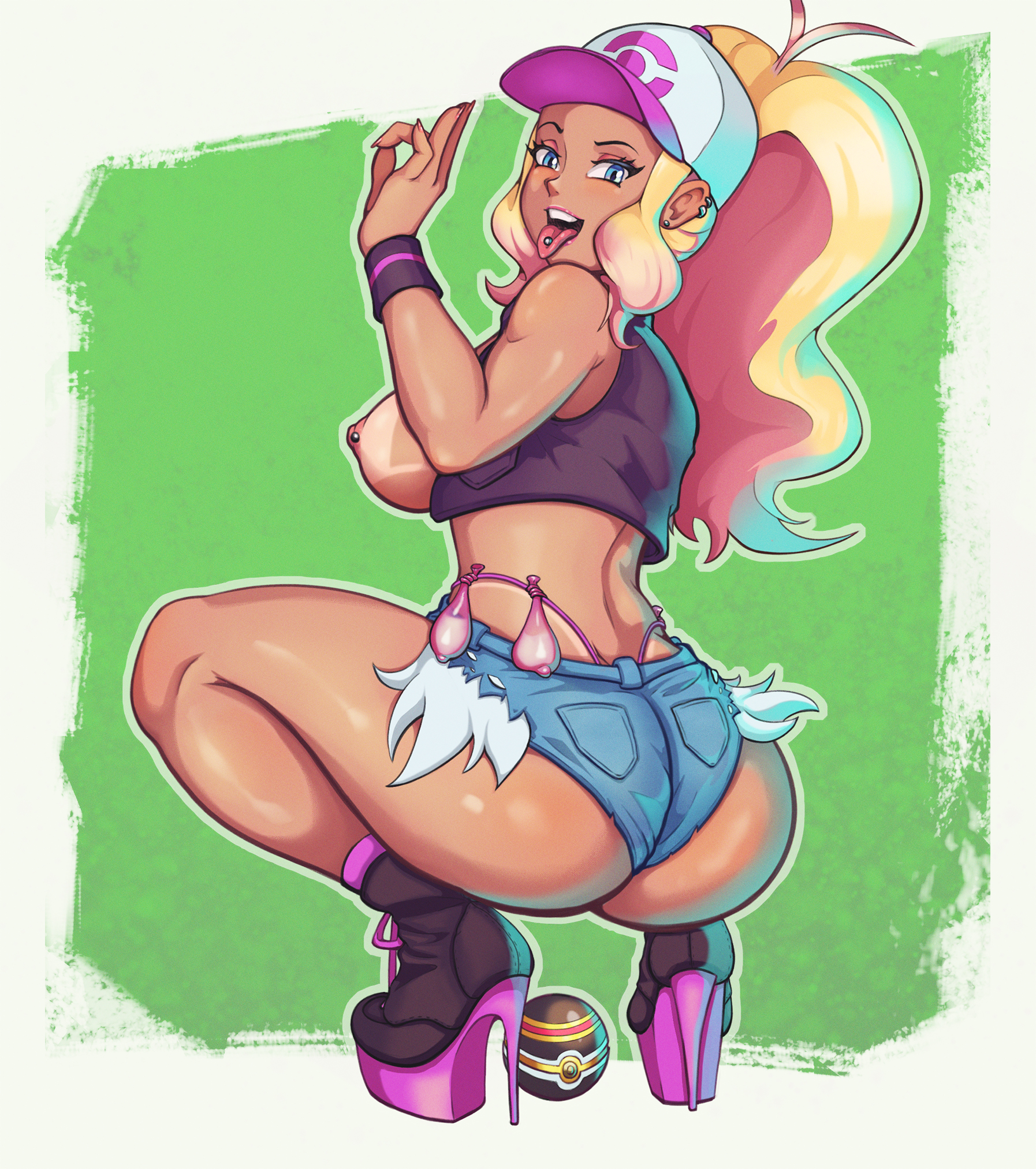1girls, alternate skin color, ass, big ass, blonde hair, blue eyes, breasts, condom, condom accessories, condom belt, daisy dukes, dark skin, dark-skinned female, denim, denim shorts, female, female only, gyaru, hat, highleg panties, hilda (pokemon), jean shorts, large breasts, long hair, looking at viewer, mrmann, nintendo, nipples, panties, platform heels, pokemon, pokemon bw, ponytail, shorts, solo, squatting, tanned, thong, tongue, tongue out, uncensored, underwear, used condom, wristband