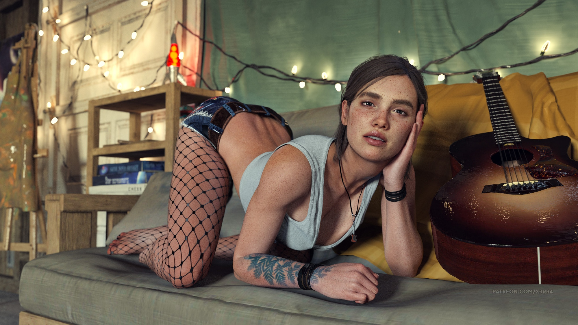1girls, 3d, all fours, ass, ass up, big breasts, brown hair, curvy, ellie (the last of us), ellie williams, feet, female, fishnet legwear, fishnets, guitar, large breasts, medium breasts, skirt, tagme, the last of us, the last of us 2, top-down bottom-up, x3rr4
