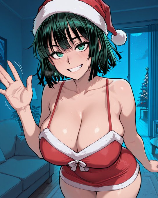 1girls, ai, ai art, ai generated, big ass, big boobies, big breasts, big butt, christmas, christmas outfit, female, female only, fubuki (one-punch man), gift, green hair, kinia, one-punch man, short hair, tagme
