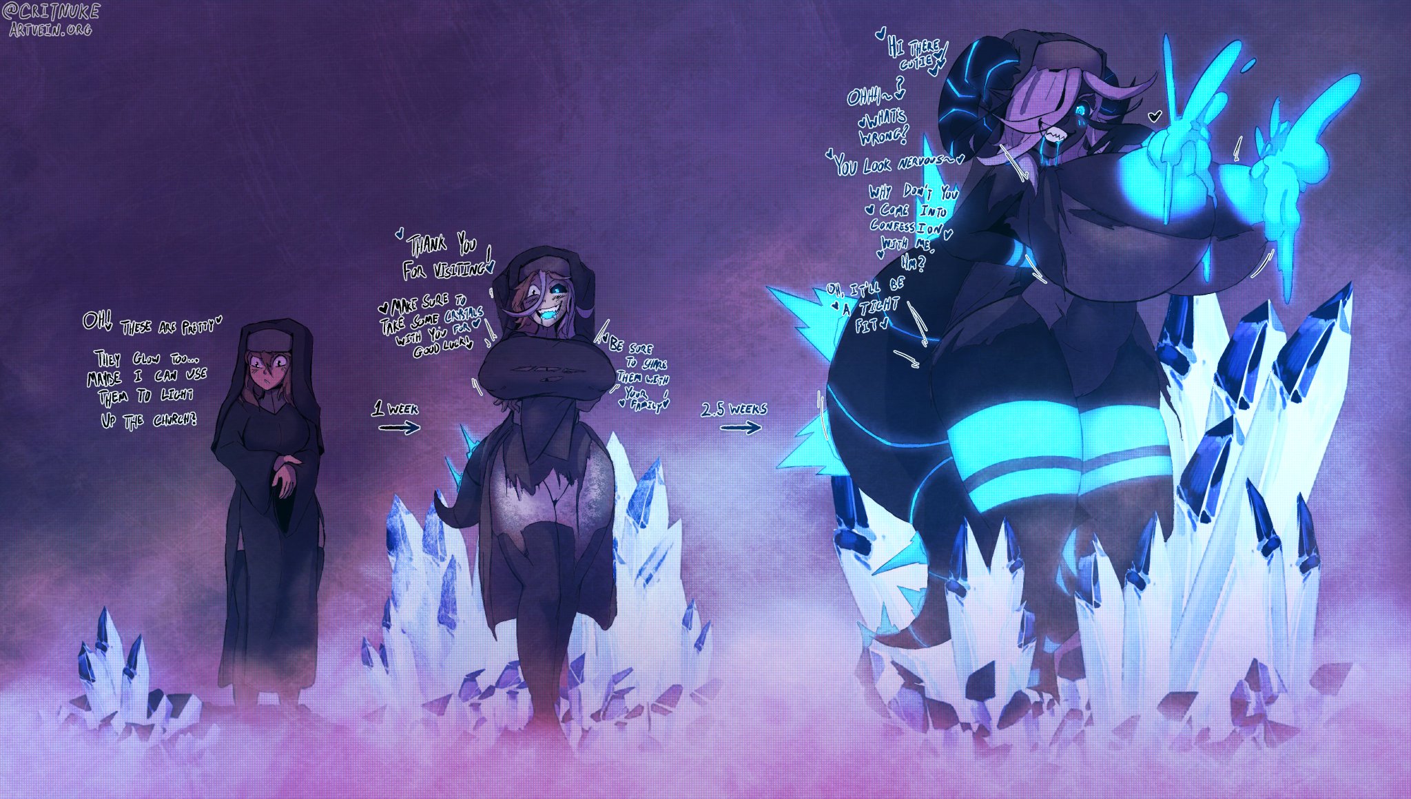 1girls, blue milk, blue nipples, breast expansion, breasts, corruption, critnuke, female, glowing, glowing drool, glowing eyes, glowing milk, glowing nipples, horns, human to anthro, nipple color change, nun, nun's habit, sabrina (carro3dsculpts), skin color change, slow transformation, solo female, tagme, tail, transformation