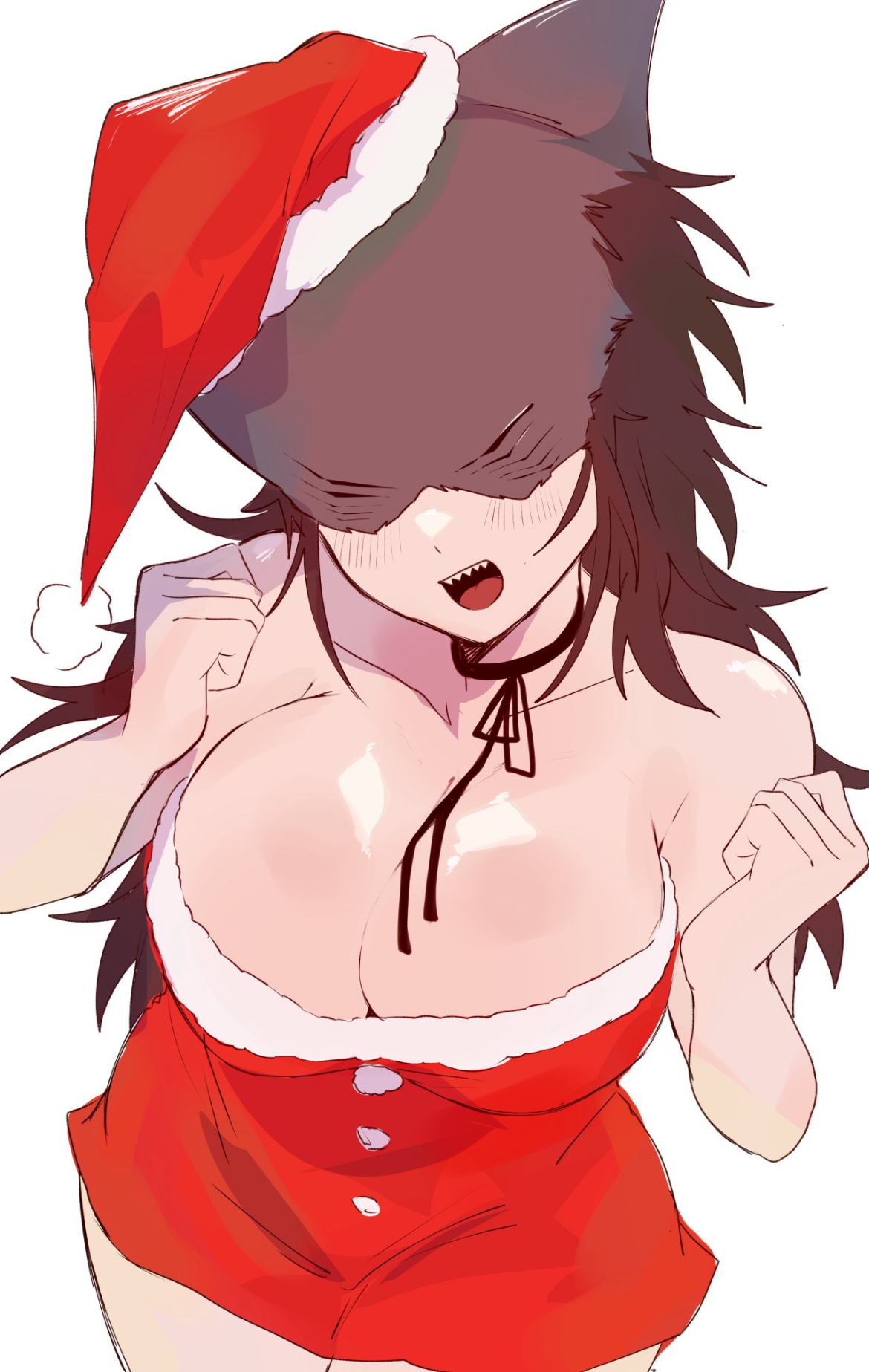 asian, asian female, barely contained breasts, beam (chainsaw man), big breasts, black hair, chainsaw man, christmas, cleavage, cleavage overflow, curvaceous, curvy, curvy female, curvy figure, cute, cute face, cute female, female, female only, genderswap, happy, happy female, japanese, japanese female, legs, massive breasts, nijisanji genka, pale skin, pale-skinned female, rule 63, santa costume, santa hat, sexy, sexy clothing, sexy female, shark, shark girl, shark humanoid, shark teeth, solo, solo female, thighs