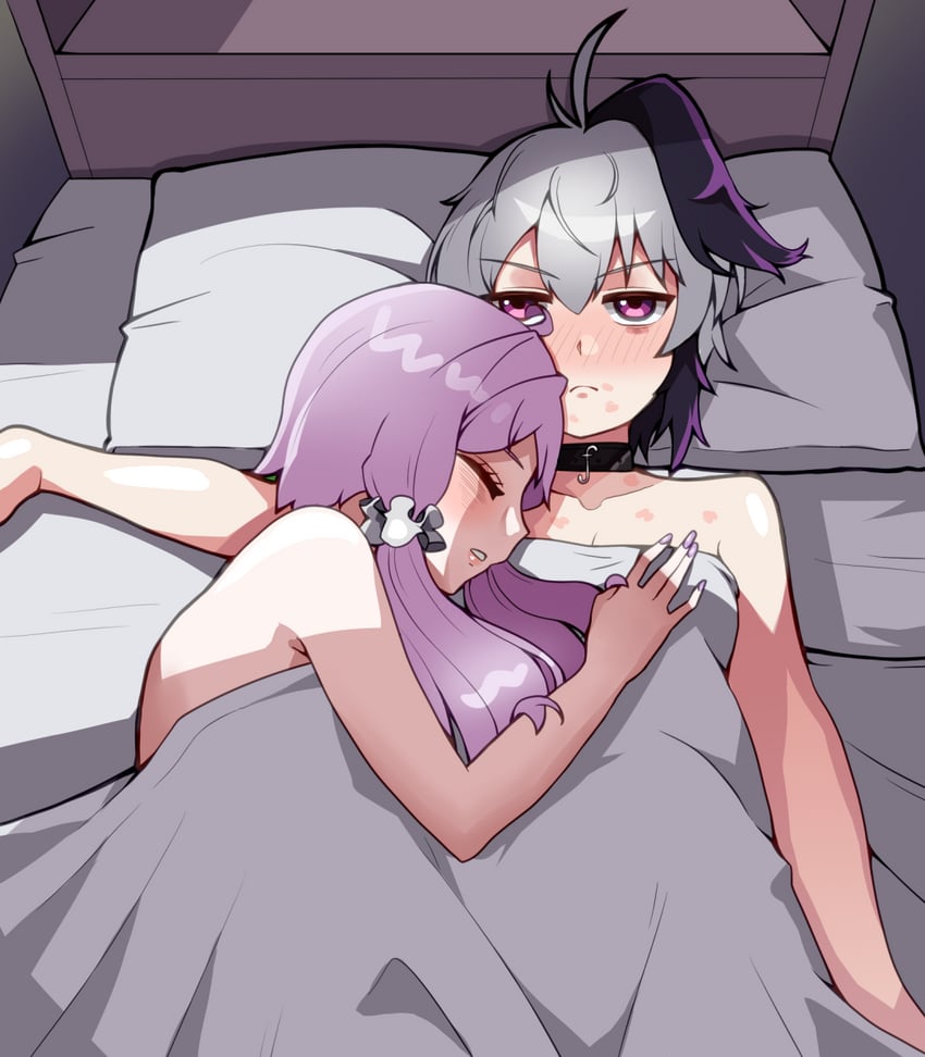 2girls, after sex, ahoge, bed, bedroom, cevio, closed eyes, collar, female, female focus, female only, female/female, hair ornament, indoors, kisses, light skin, light-skinned female, long hair, marks, morning, n0 image, nail polish, pillow, purple eyes, purple hair, purple nails, sheets, short hair, sleeping, two-tone hair, v flower, vocaloid, vocaloid 3, vocaloid 4, voiceroid, white hair, wlw, yuri, yuzuki yukari