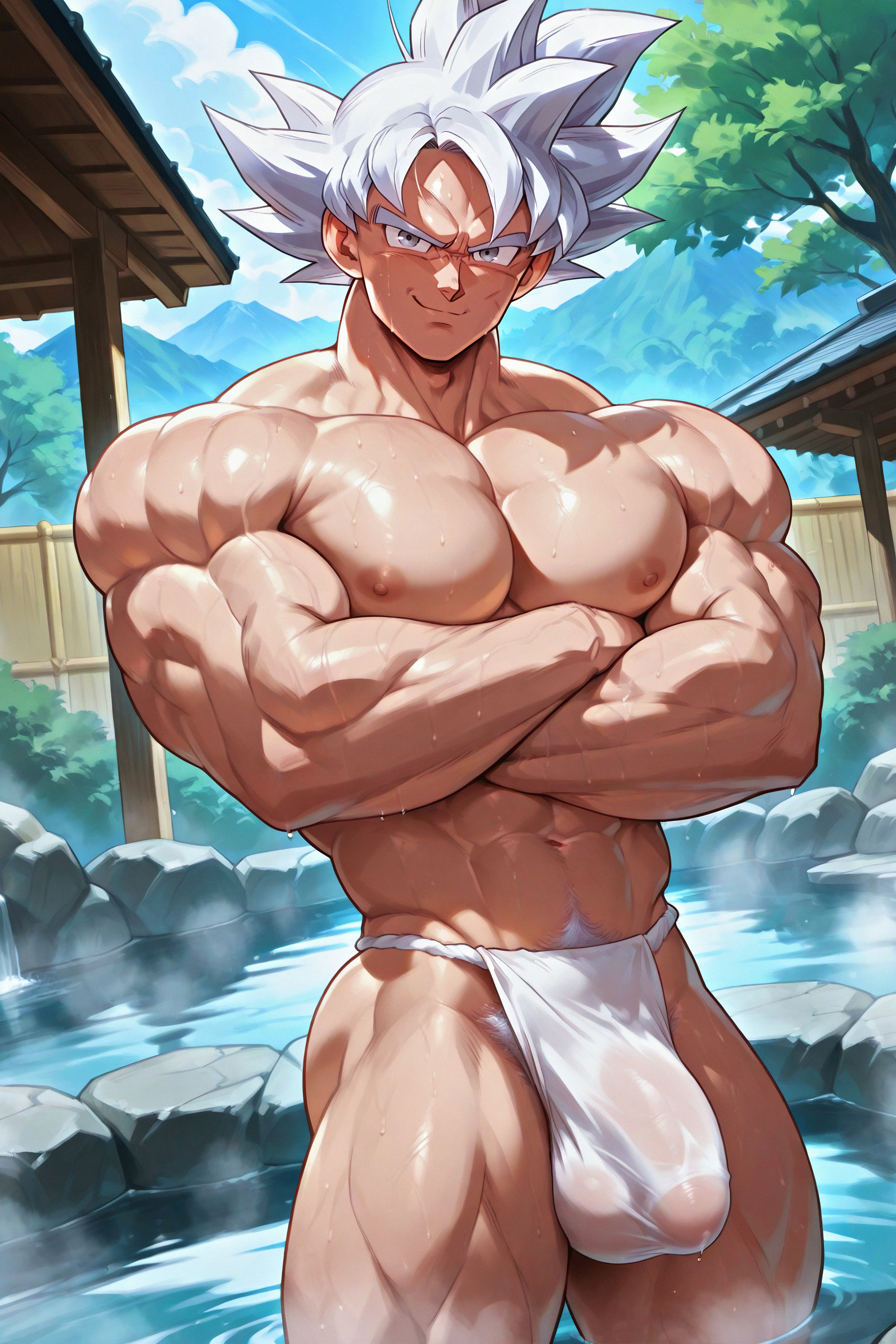 1boy, abs, ai generated, balls, bara, baraboys, biceps, big muscles, chest, cock, dick, dragon ball, dragon ball super, dragon ball z, goku, looking at viewer, male, male focus, male only, muscles, muscular, muscular arms, muscular legs, muscular male, muscular thighs, nipples, pecs, penis, pubic hair, son goku, sweat, sweating, sweaty, sweaty body, ultra instinct, zodoai