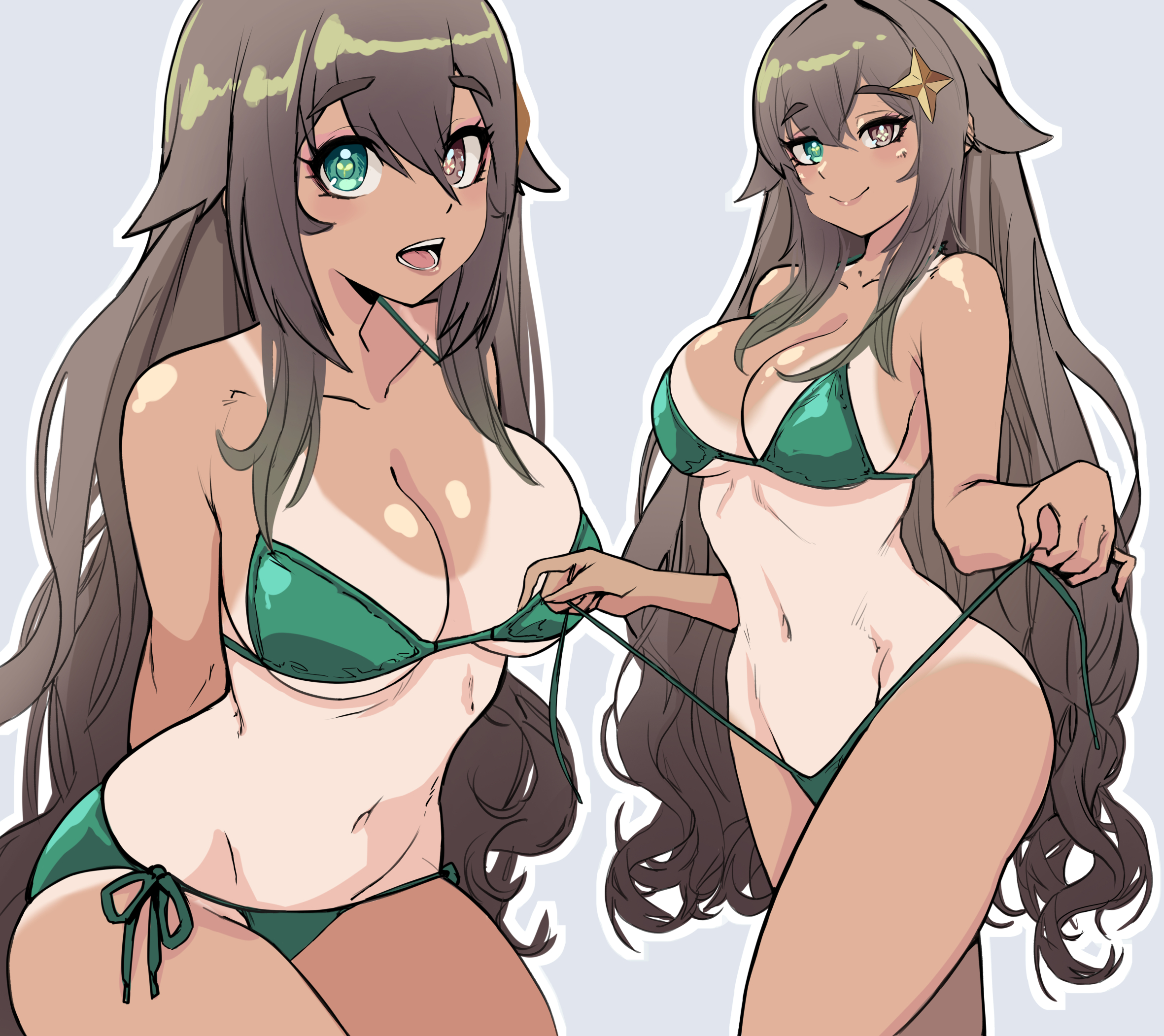 1girls, 2d, 2d (artwork), big breasts, bikini, blue eyes, breasts, brown eyes, brown hair, brown skin, curvy, curvy body, curvy female, curvy figure, feindall, female, female only, green bikini, green eyes, hispanic virtual youtuber, latam virtual youtuber, light-skinned female, long hair, meica, navel, open mouth, sexy, short hair, slim female, smiling, tanned, tanned female, tanned skin, thighs, virtual youtuber, voluptuous, voluptuous body, voluptuous female, vtuber, vtuberfanart, young, younger female