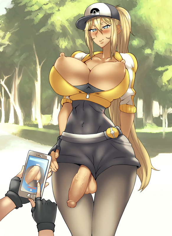 1futa 1girls areolae balls blonde_hair blue_eyes blush breasts breasts_out cap curvy erect_nipples exposed_breasts female female_protagonist_(pokemon_go) futa_with_female futanari huge_breasts human intersex large_balls large_penis madkaiser nintendo nipples no_bra offscreen_character pantyhose penis penis_out phone pokemon pokemon_go ponytail semi-erect solo standing tied_hair uncensored veins veiny_penis