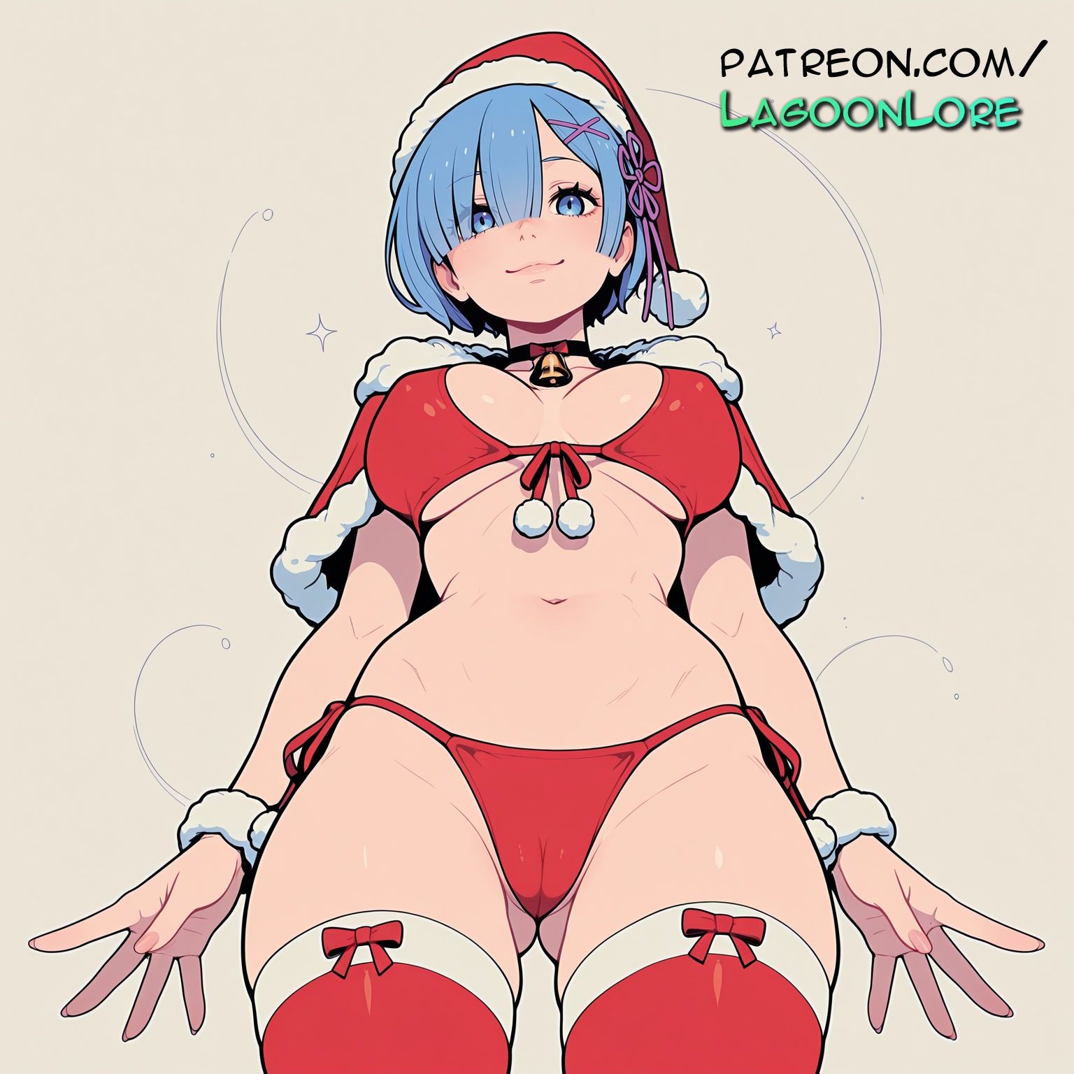 ai generated, antlers, artist name, bell, blue eyes, blue hair, breasts, bust, capelet, chest, christmas, female, fur trim, fur-trimmed capelet, fur-trimmed headwear, fur-trimmed legwear, hair ornament, hat, hi res, highres, holly, lagoonlore, looking at viewer, merry christmas, navel, neck bell, patreon, patreon username, re:zero kara hajimeru isekai seikatsu, red capelet, red legwear, rem (re:zero), sack, santa bikini, santa costume, santa hat, short hair, side-tie bikini, smile, solo, thighhighs, watermark, wrist cuffs, x hair ornament