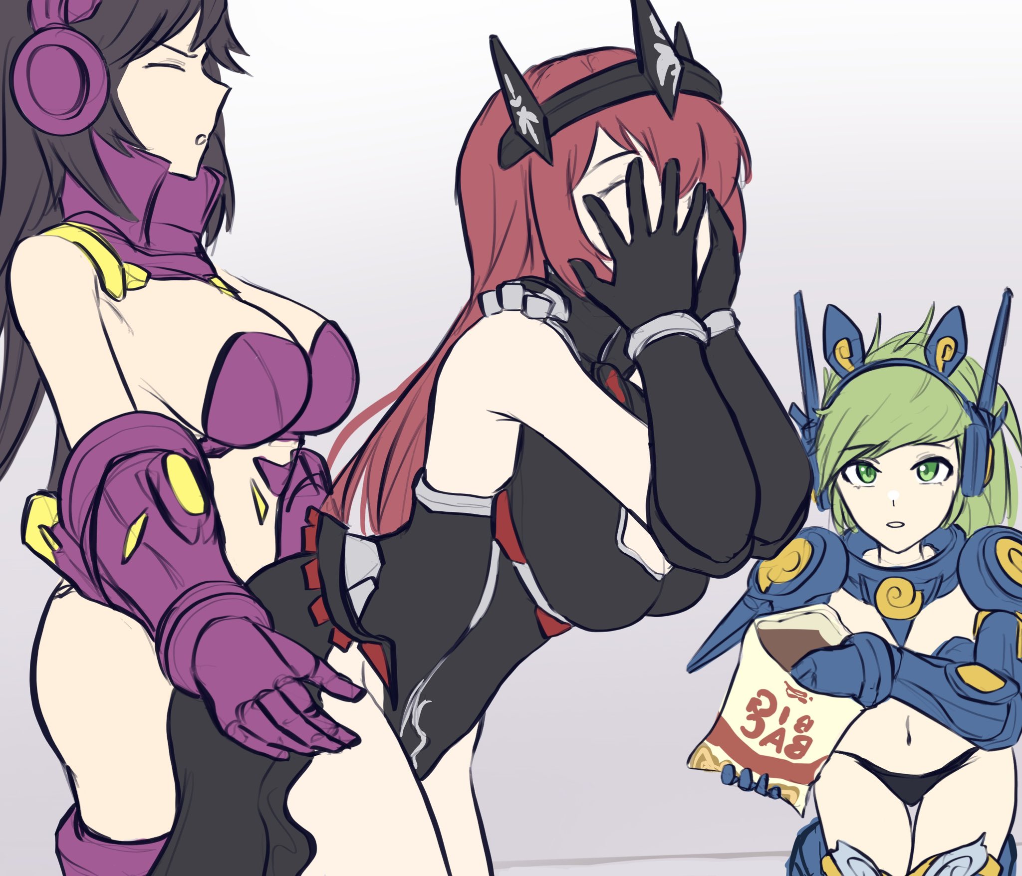 3girls, bikini, bikini armor, breasts, chips (food), clothed sex, covering face, crown, doggy style, dry humping, eating, embarrassed, female only, firm breasts, flat chest, galaxy gals, gauntlets, gloves, green eyes, green hair, grey hair, headmistress jeanne, headphones, holding hips, large breasts, long hair, nyanko daisensou, onlookers, public, public sex, red hair, sed (d4vcmk), spectators, standing sex, student council president, teenager, the battle cats, thick thighs, thighs, thundia, windy (battle cats), yuri