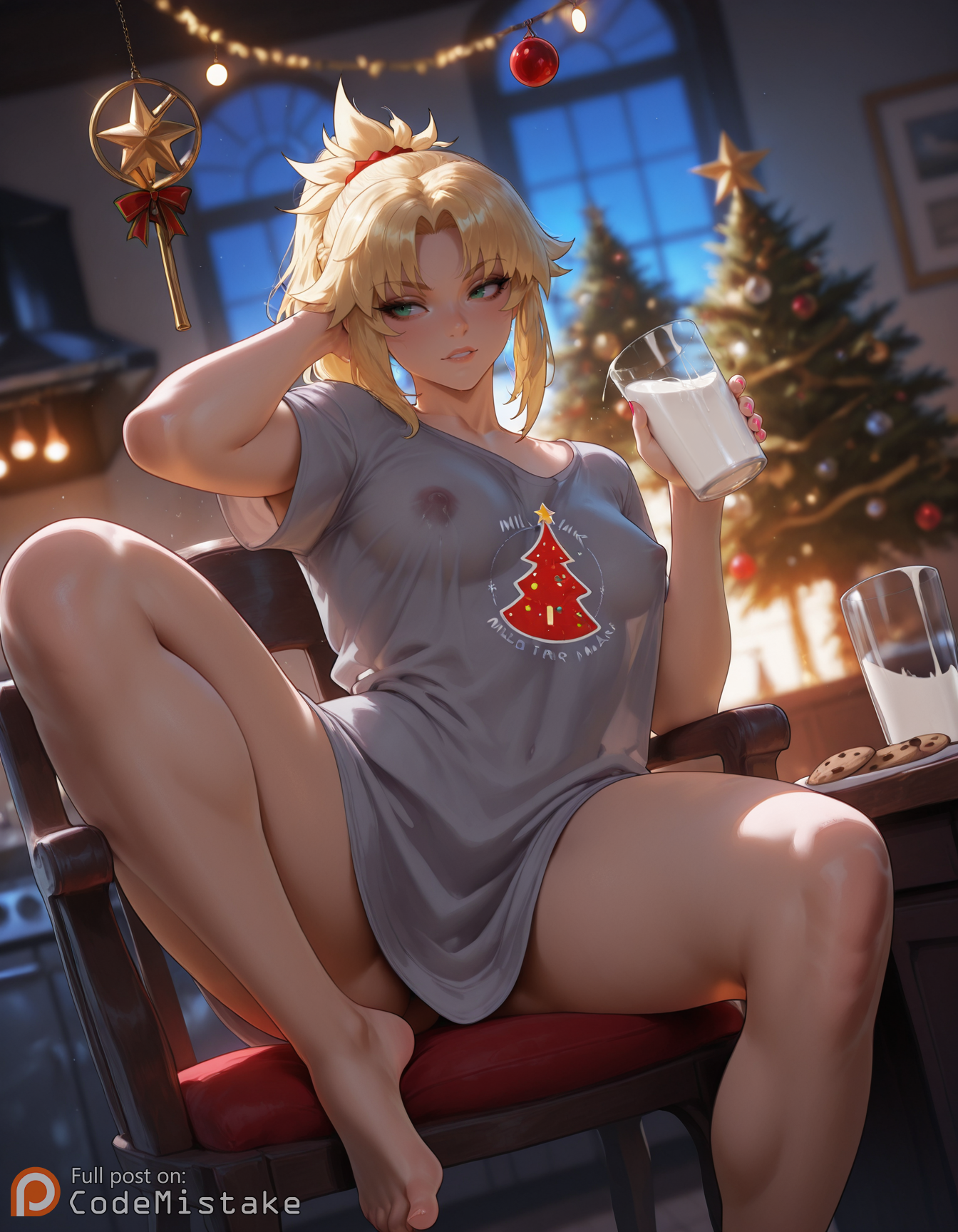 ai generated, bare legs, blonde hair, bottomless, christmas, christmas decorations, christmas tree, codemistake, cookie, covered nipples, cup, fate (series), fate/grand order, female, garland, grey shirt, hand up, holding, knee up, looking to the side, milk, mordred (fate), mordred (fate/apocrypha), oversized clothes, patreon, patreon link, patreon logo, patreon url, patreon username, ponytail, solo, spread legs