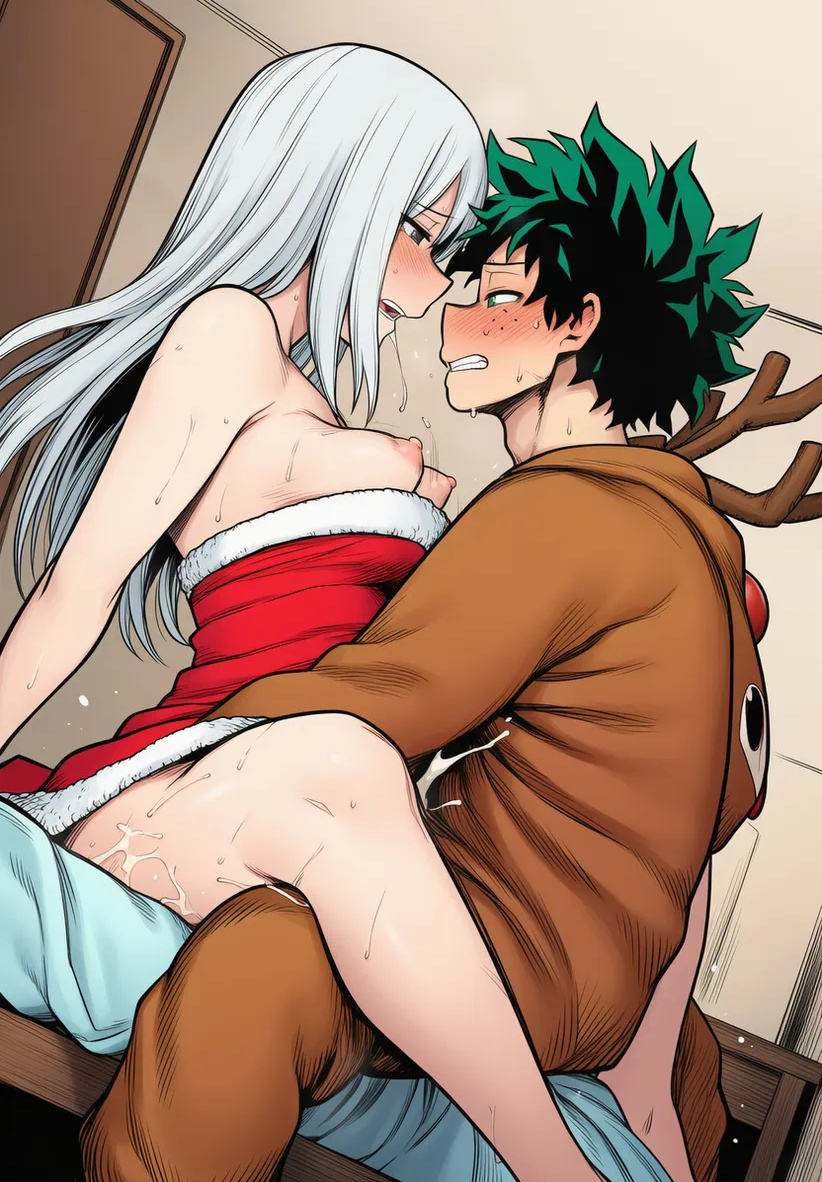 1boy, 1girls, age difference, ai generated, areolae, artist request, bare thighs, big breasts, blush, boku no hero academia, bouncing breasts, breasts out, christmas, cum, cum inside, deer costume, green eyes, green hair, grey eyes, huge areolae, huge breasts, huge nipples, huge thighs, implied sex, izuku midoriya, large breasts, light skin, light-skinned female, light-skinned male, long hair, mature female, milf, my hero academia, nipples, older female and younger male, open mouth, puffy nipples, rei todoroki, santa costume, squatting, sweat, sweatdrop, thick body, thick female, thick thighs, thighs, voluptuous, voluptuous female, white hair