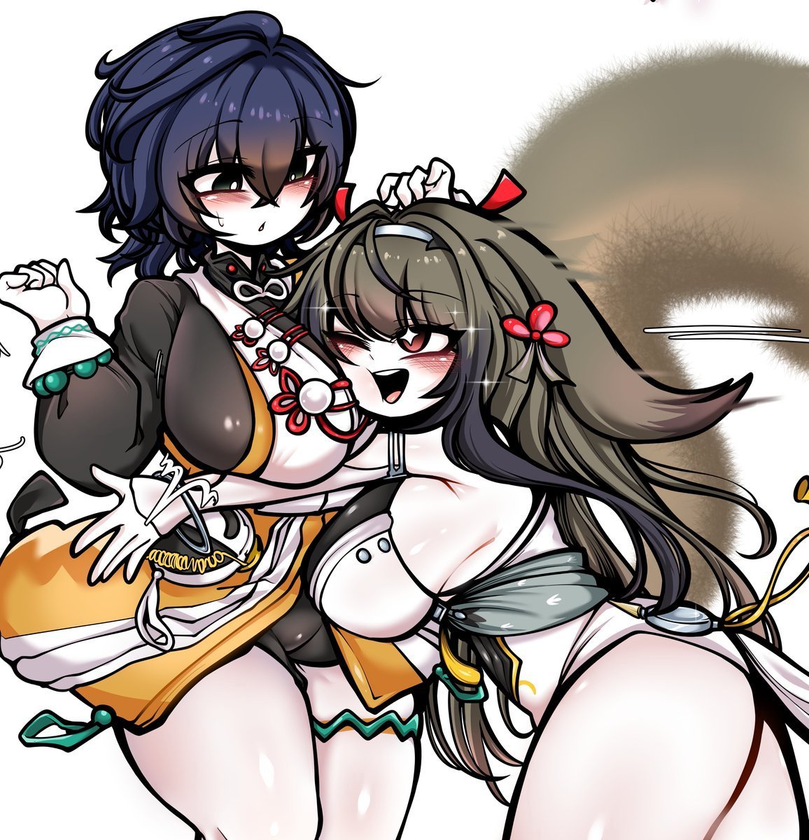 2025, 2girls, alternate breast size, belle (delicate sunlight) (zenless zone zero), belle (zenless zone zero), big breasts, female, female focus, female only, head between breasts, hoyoverse, huge breasts, large breasts, mucu, official alternate costume, one eye closed, short hair, tagme, thick thighs, uncolorcube, ye shunguang, yuri, zenless zone zero