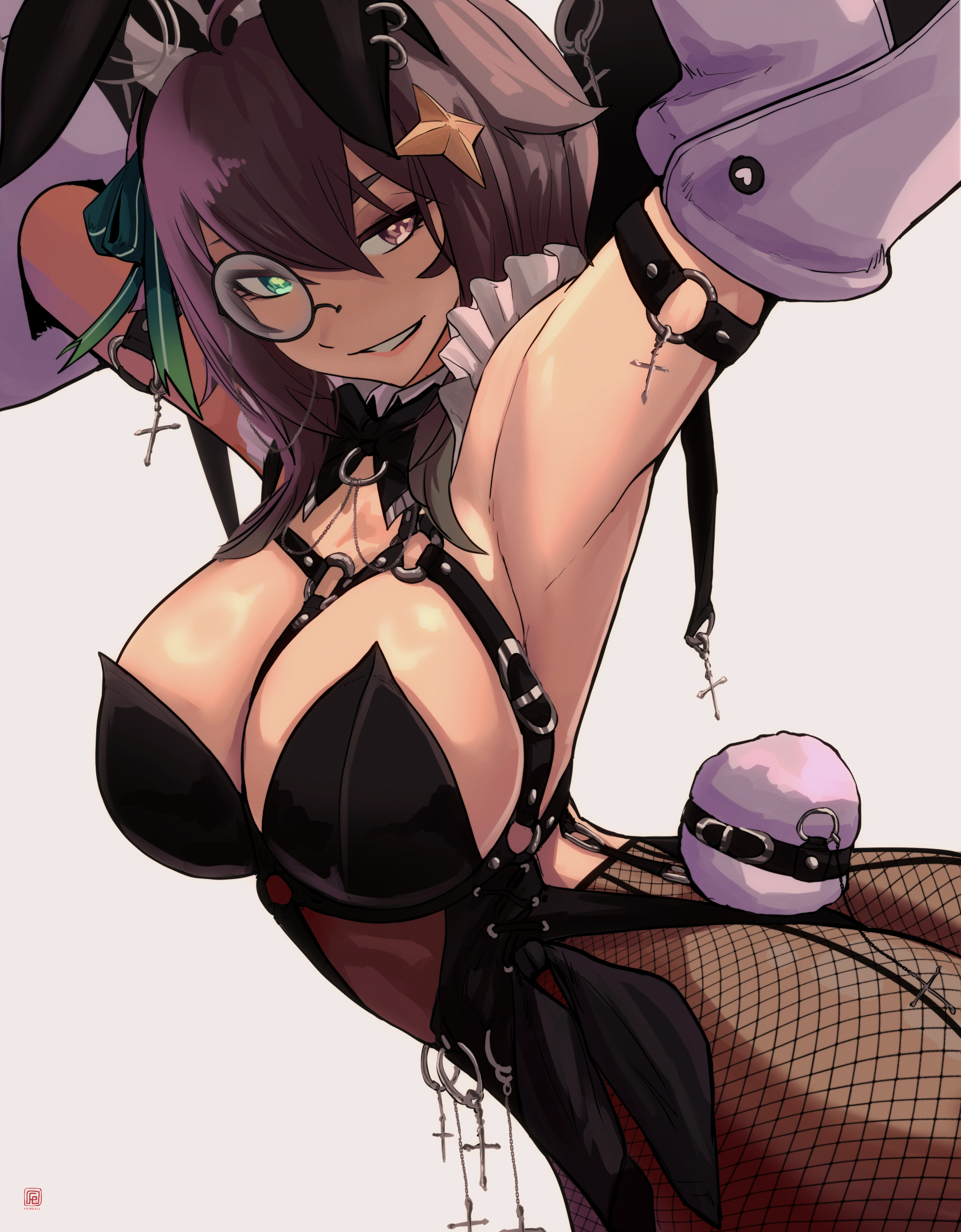 1girls, 2d, 2d (artwork), ass, big breasts, breasts, brown eyes, brown hair, bunny ears, bunny tail, bunnysuit, feindall, female, female only, green eyes, indie virtual youtuber, light skin, light-skinned female, meica, sexy, short hair, smiling, thighs, virtual youtuber, voluptuous, voluptuous body, voluptuous female, vtuber, vtuberfanart, white background