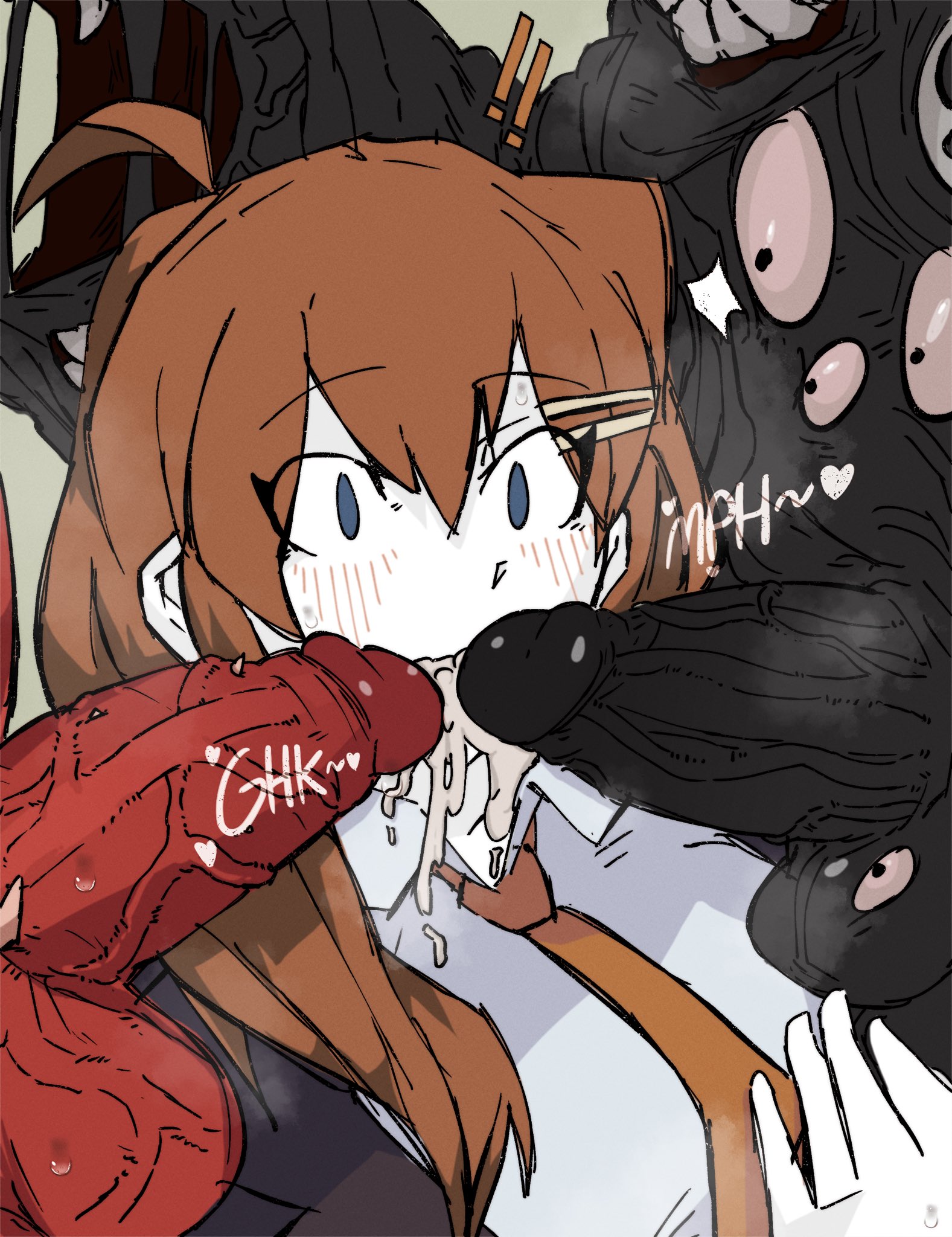 1girls, 2boys, dick, fellatio, hod (lobotomy corporation), lobotomy corporation, mountain of smiling bodies, mountain of smiling bodies (project moon), nothing there, project moon, raihousha, straight