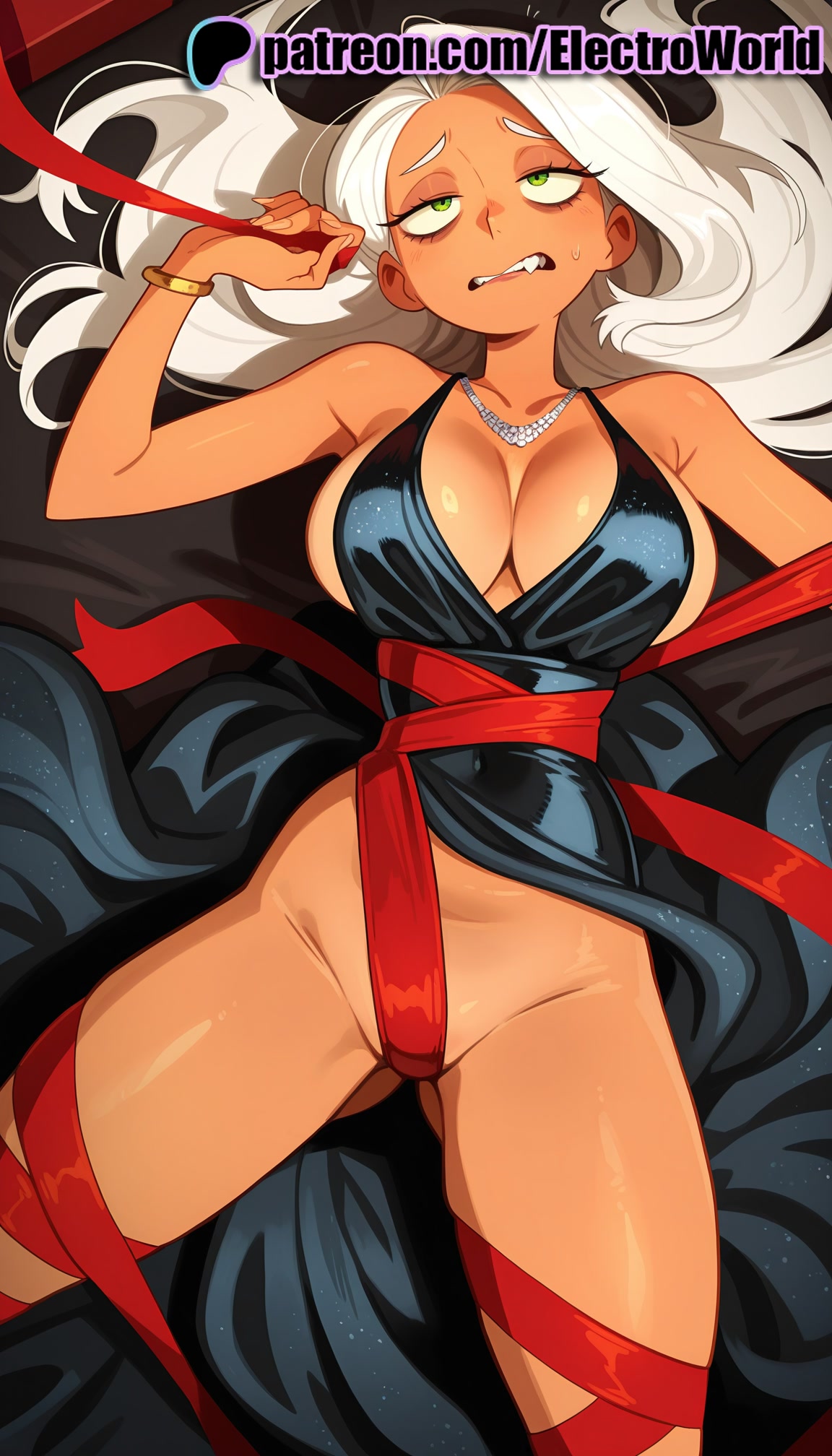 1girls, 2025, ai generated, artist name, breasts, bust, chest, clenched teeth, dark skin, dark-skinned female, disney, electroworld, female, green eyes, hi res, high quality, high resolution, highres, jewelry, laying down, long hair, lying on back, mirage (the incredibles), necklace, on back, patreon, patreon username, pixar, red ribbon, ribbon, ribbon bondage, solo, stable diffusion, teeth, the incredibles, watermark, white hair