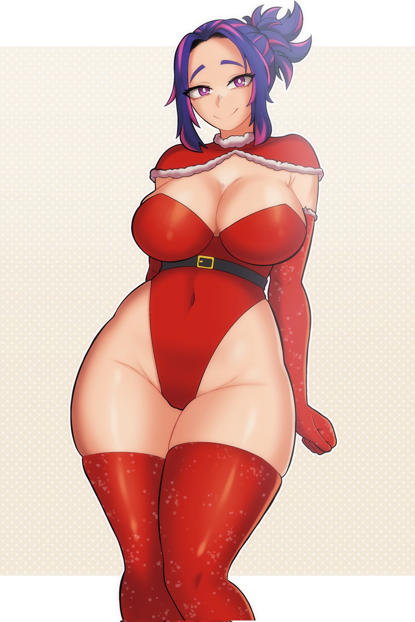 1girls, bangs, bare shoulders, belt, big breasts, boku no hero academia, breasts, checkered, checkered background, cleavage, closed mouth, covered navel, elbow gloves, evoltodraw, female, female only, gloves, halftone, halftone background, highleg, highleg leotard, kaina tsutsumi, lady nagant, large breasts, leotard, looking at viewer, multicolored hair, my hero academia, polka dot, polka dot background, polka dot legwear, purple eyes, purple hair, red gloves, red legwear, red leotard, smile, solo, thick thighs, thighhighs, thighs, tsutsumi kaina