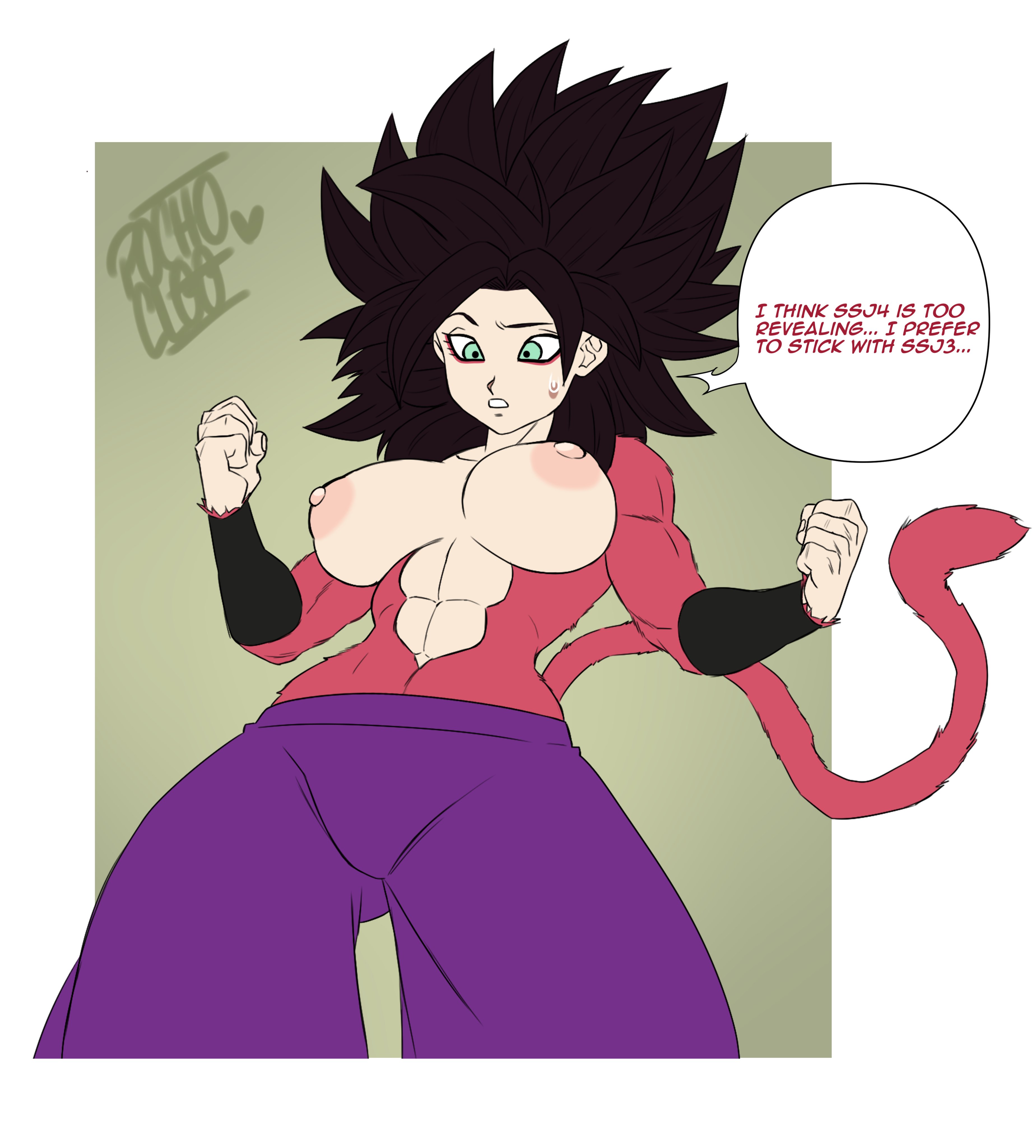 1girls, 2d, 2d (artwork), black hair, breasts, caulifla, dragon ball, dragon ball gt, dragon ball super, female, female only, nipples, pochoclogigi, solo, super saiyan 4, tagme, undertagged